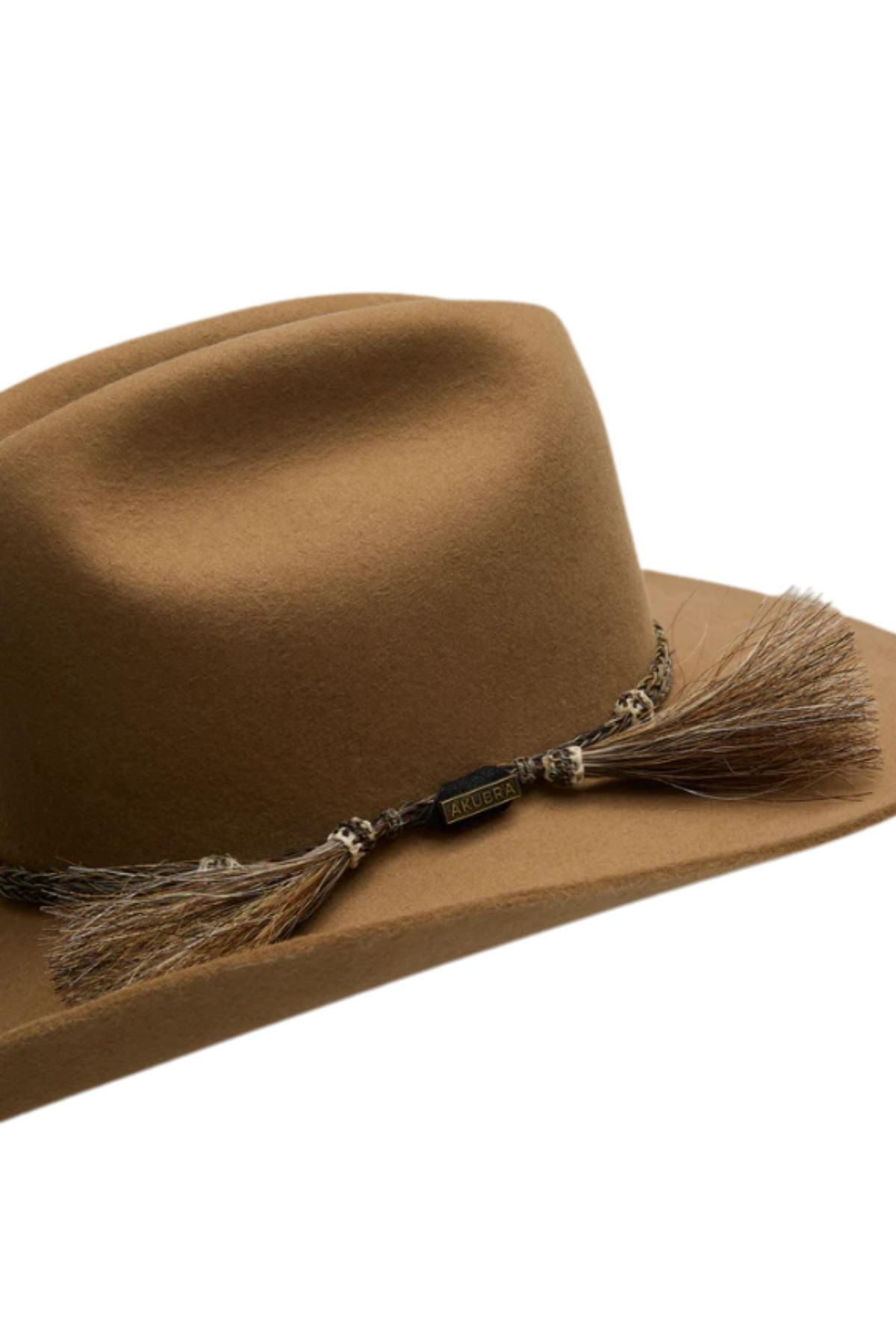 The Akubra Rough Rider is a brown felt hat with a wide brim, braided band with tassels, and a small metallic label—an iconic, durable choice for any adventure.