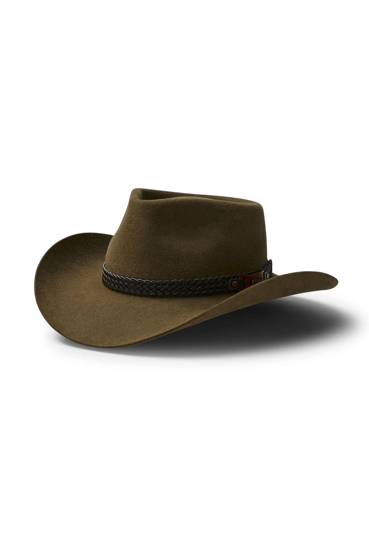 The Akubra Snowy River is a brown, wide-brimmed adventure hat with a slightly creased crown and a black braided band, shown on a white background with a light shadow.