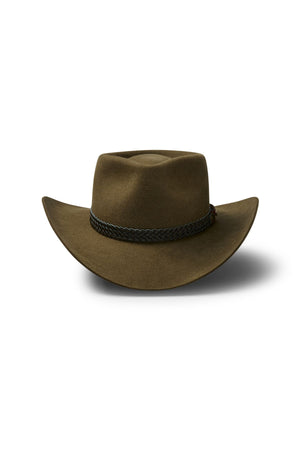 The Akubra Snowy River is a brown, wide-brimmed adventure hat featuring a braided black band, displayed on a white background with a subtle shadow underneath.