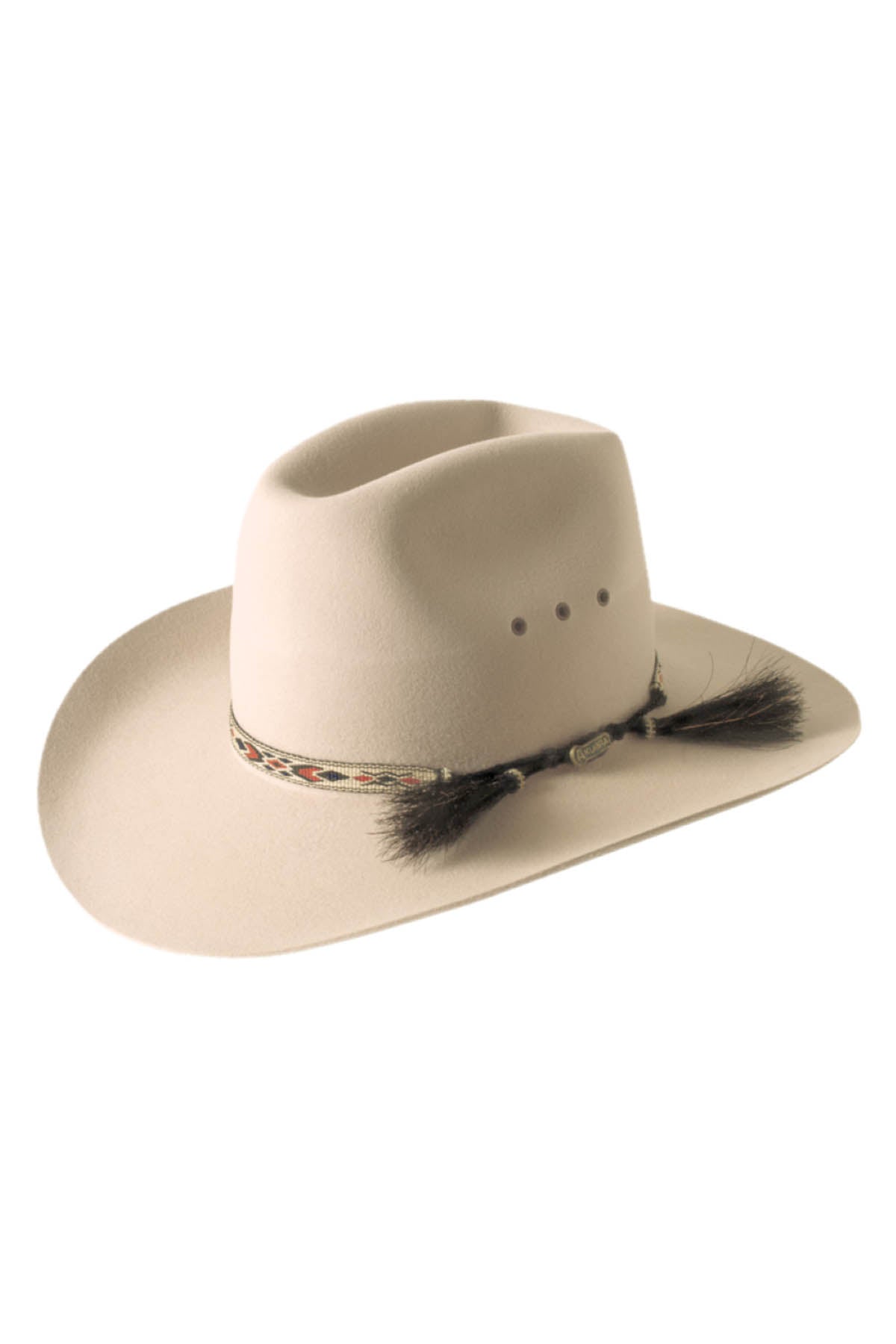 The Akubra Stony Creek is a light tan Western hat with a wide brim and a decorative band featuring small feathers and patterned design, inspired by classic Stony Creek style.