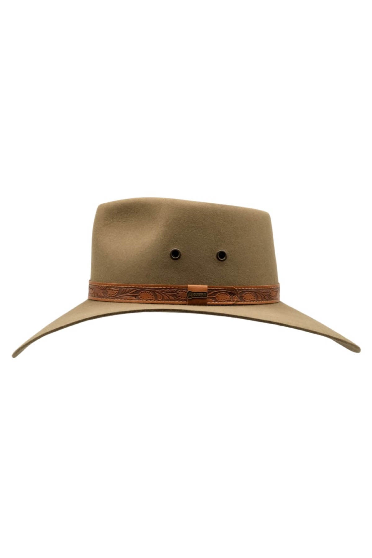 The Akubra Territory is a wide-brimmed, olive-green Fedora hat with a brown leather band featuring a detailed pattern. Reminiscent of an Akubra from the Australian Outback, the hat boasts a classic design with two ventilation holes and a structured crown.