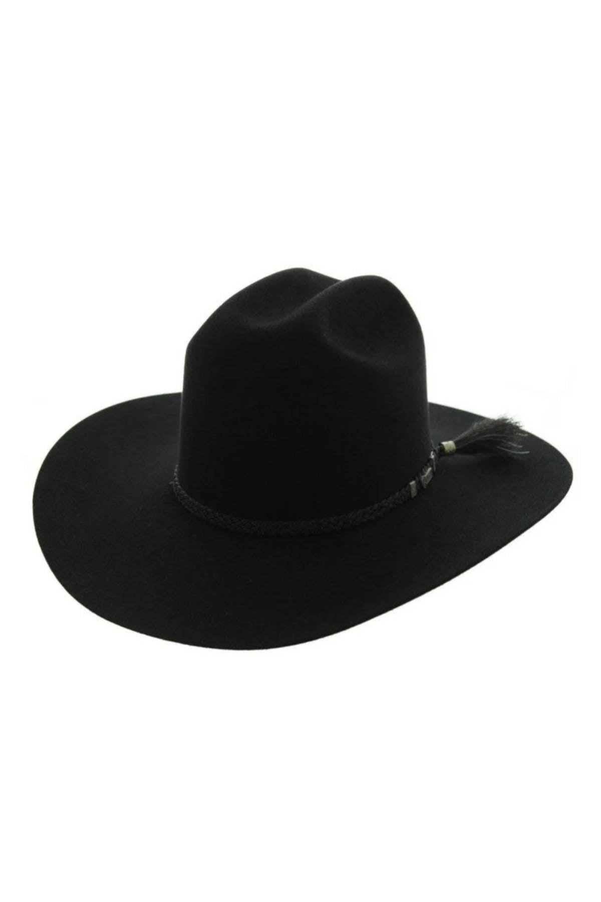 The Akubra The Arena cowboy hat is black with a wide brim and decorative band, ideal for any rodeo rider.