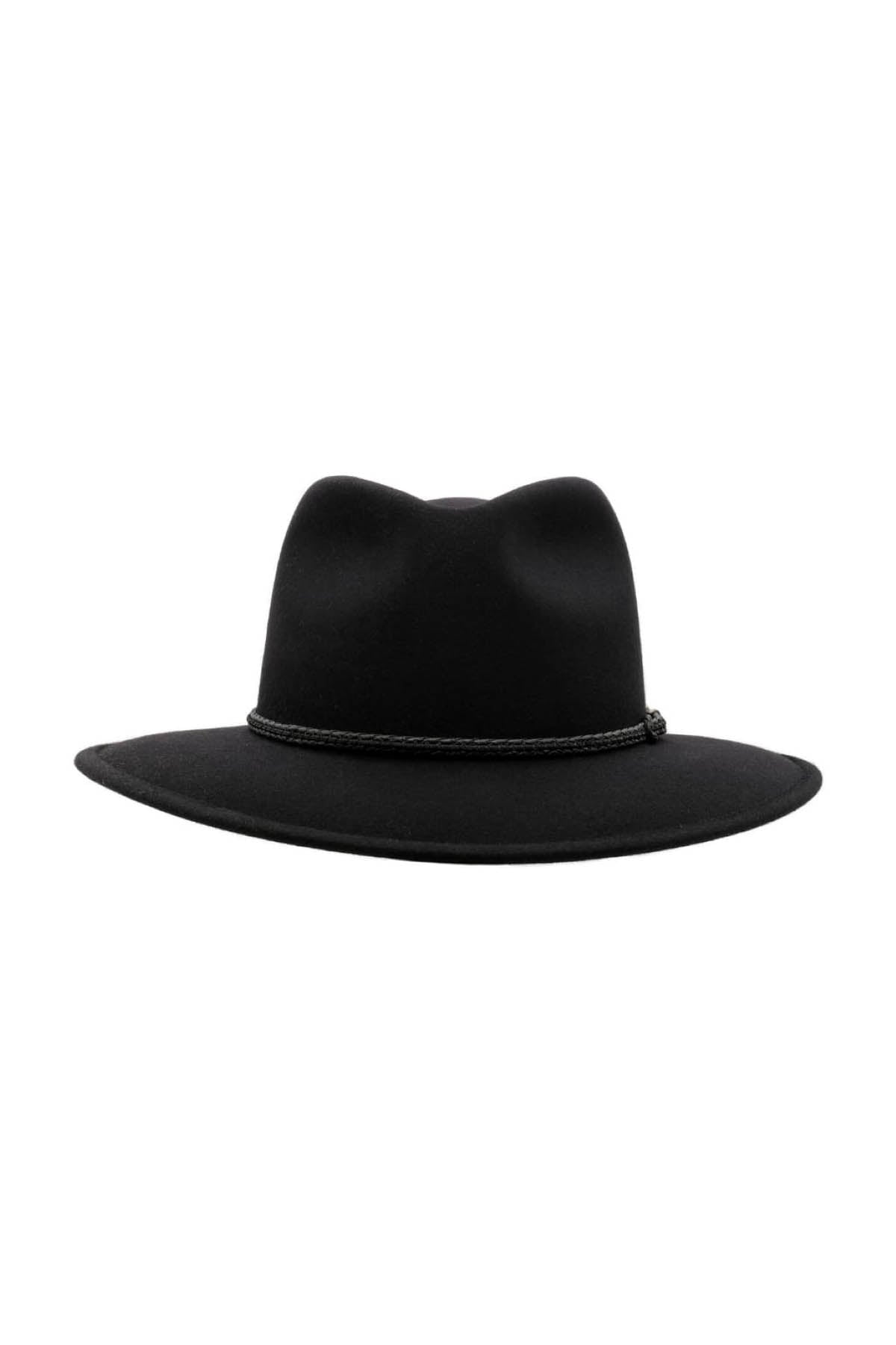 The "Akubra Traveller" is a black fedora hat featuring a wide brim and a slim, dark band encircling the crown, displayed on a plain white background.