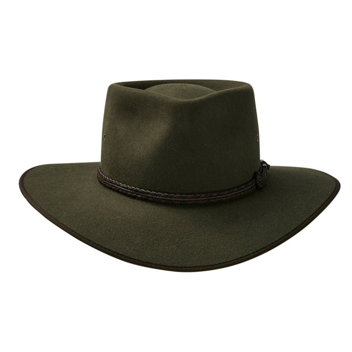 The Akubra Cattleman - Limited Edition is a dark green wide-brimmed hat with a flat top and a brown braided band, showcasing the classic, sturdy essence of Australian identity typical of outdoor or western-style hats.
