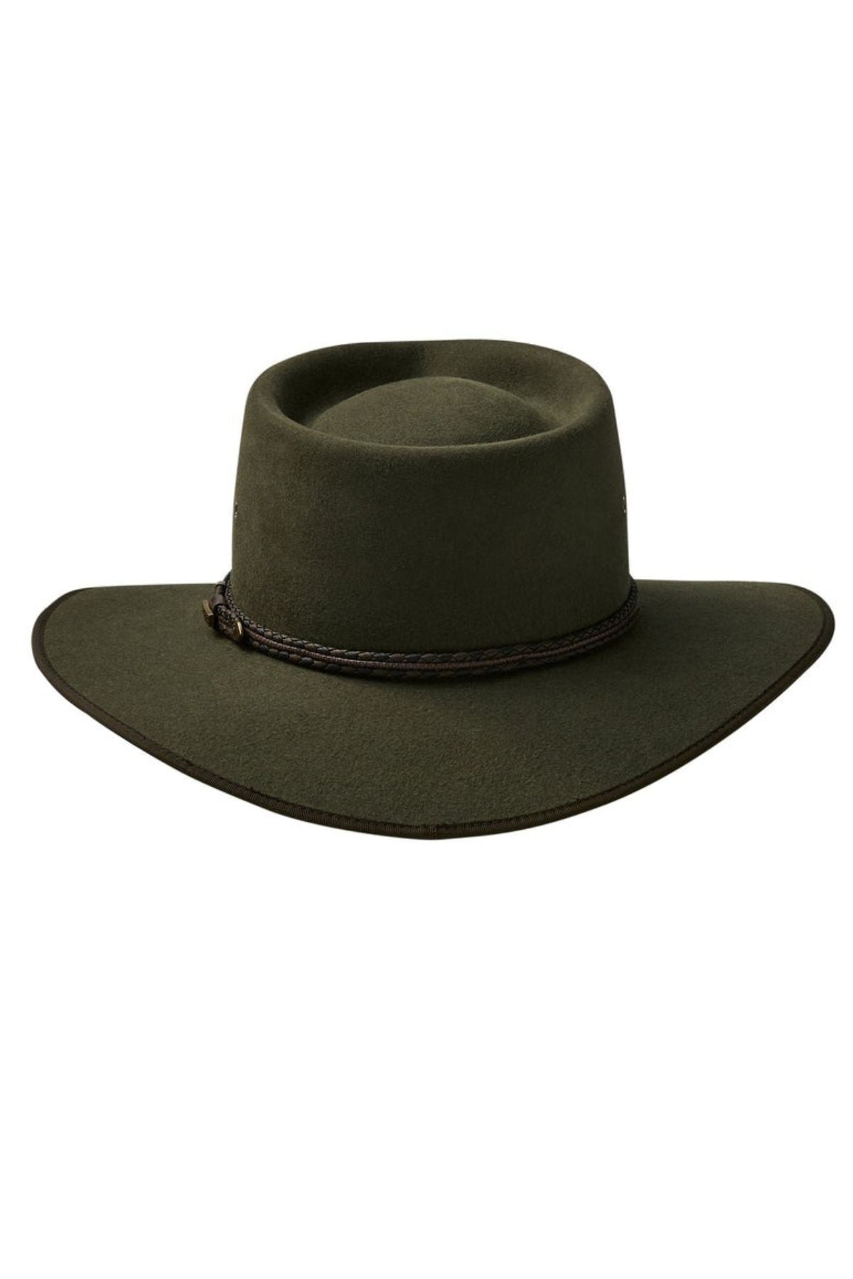Dark green, wide-brimmed Akubra Cattleman - Limited Edition hat with a braided band around the crown, isolated on a white background.