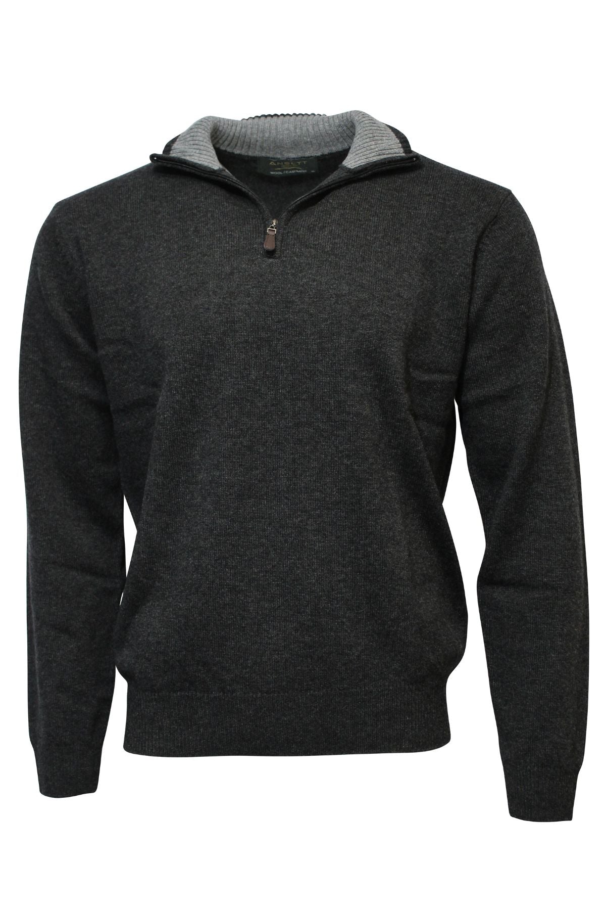 The Ansett Gold Luxury Wool Cashmere Half Zip Knit is a dark gray pullover with long sleeves, a half-zip collar, contrasting light gray inner collar lining, and ribbed cuffs and hem.