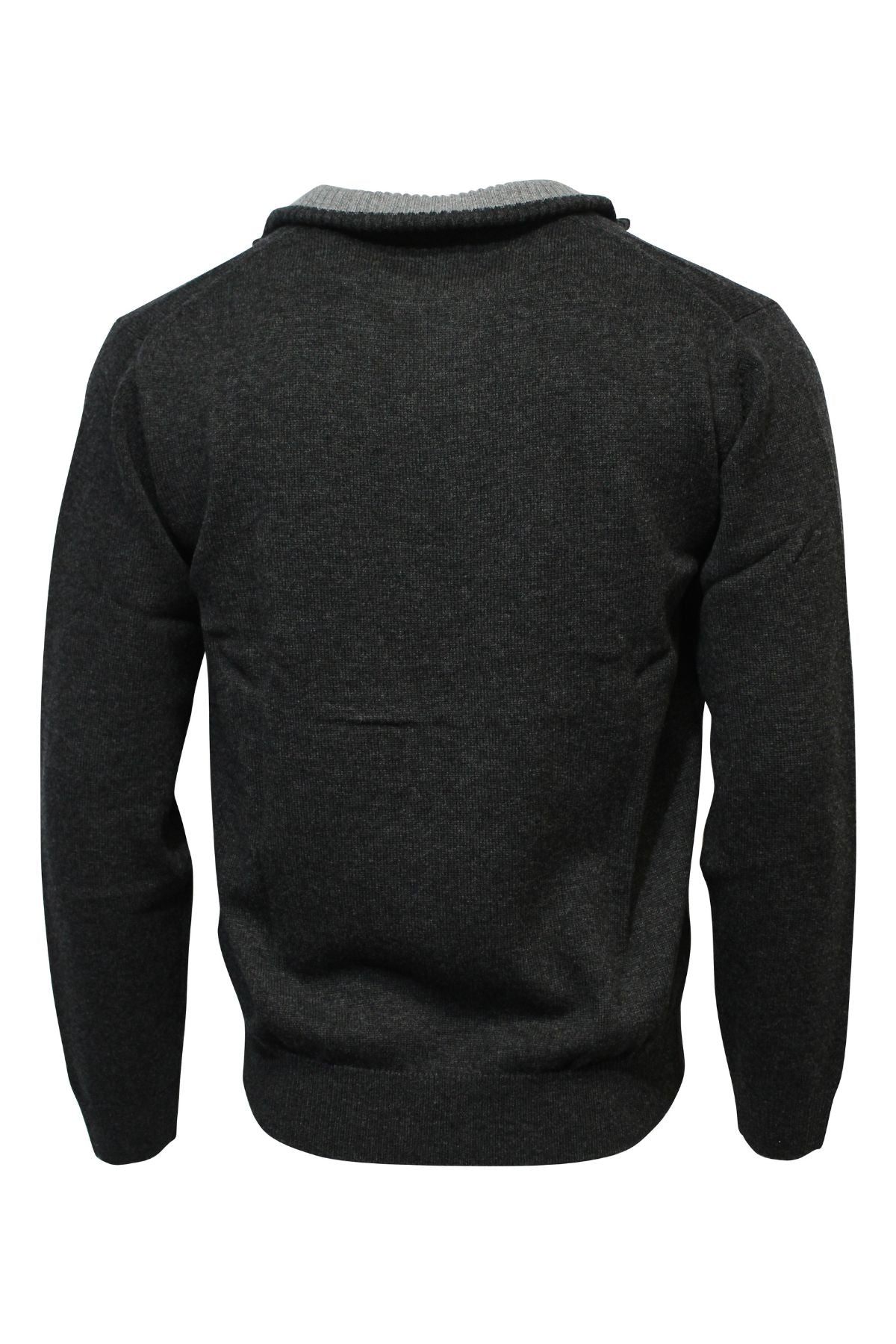 The Ansett Gold Luxury Wool Cashmere Half Zip Knit is a dark gray long-sleeve sweater with a lighter gray ribbed collar, ribbed hem and cuffs, crafted from a soft wool-cashmere blend and shown from the back.