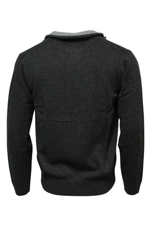The Ansett Gold Luxury Wool Cashmere Half Zip Knit is a dark gray long-sleeve sweater with a lighter gray ribbed collar, ribbed hem and cuffs, crafted from a soft wool-cashmere blend and shown from the back.