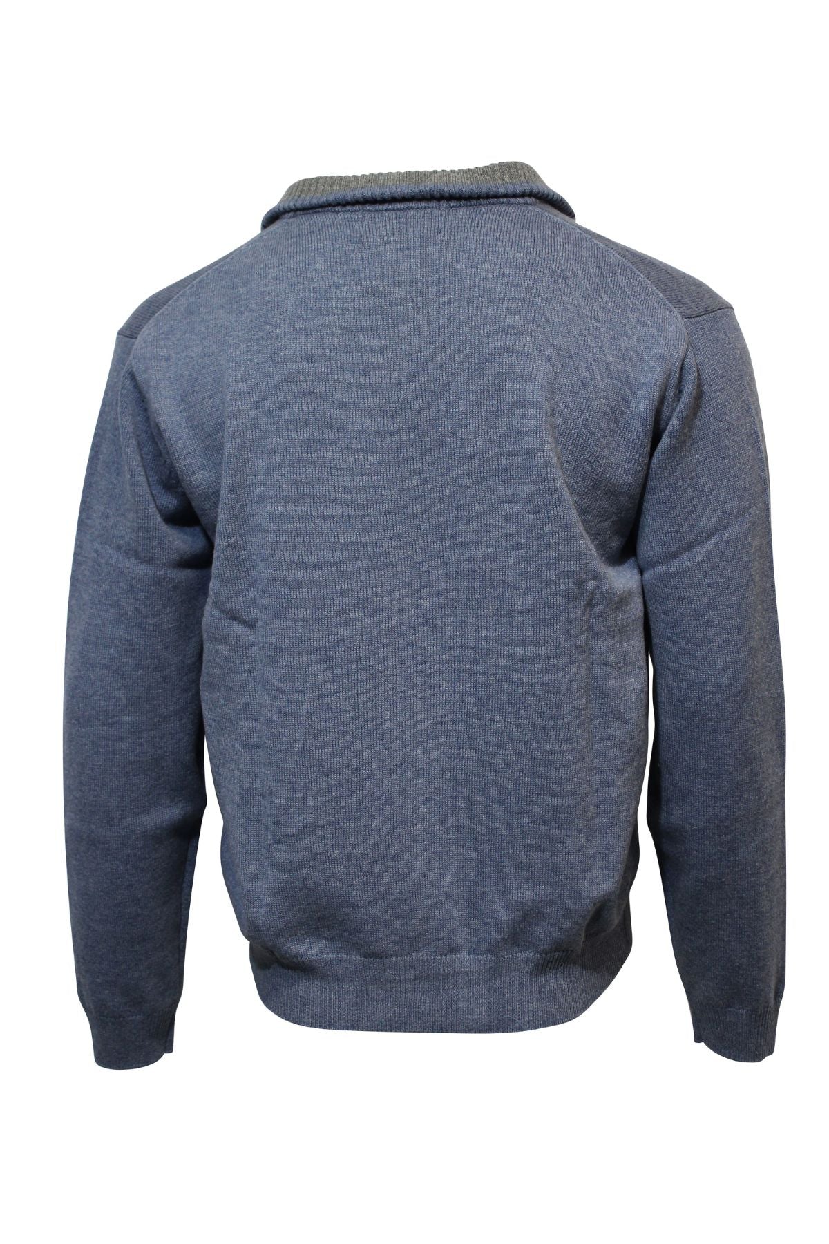 A back view of the Ansett Gold Luxury Wool Cashmere Half Zip Knit in blue, featuring long sleeves, ribbed collar and cuffs, and a stylish half zip, displayed on a white background.