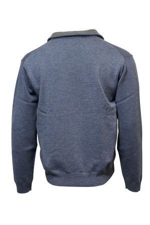 A back view of the Ansett Gold Luxury Wool Cashmere Half Zip Knit in blue, featuring long sleeves, ribbed collar and cuffs, and a stylish half zip, displayed on a white background.