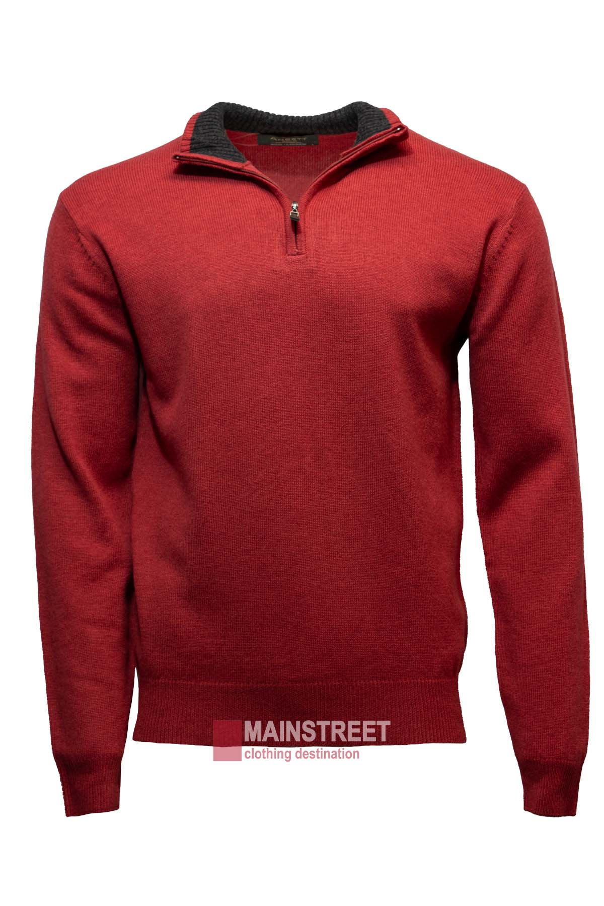 The Ansett Gold Luxury Wool Cashmere Half Zip Knit is a red, long-sleeve pullover sweater with a half-zip collar and black inner lining, shown on a plain white background. The "MAINSTREET clothing destination" logo appears at the bottom.