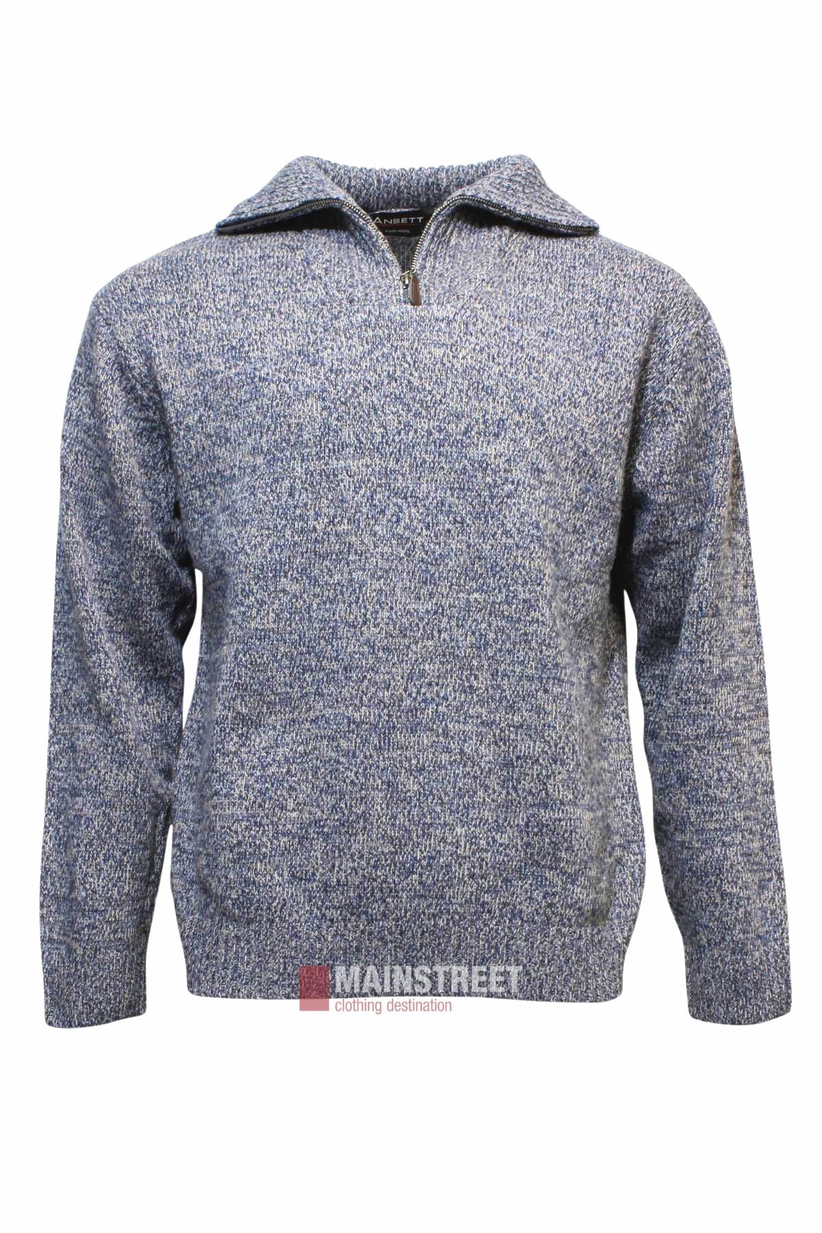The Ansett Pure New Wool 1/2 Zip Knit is a blue and gray speckled pullover sweater with a wide collar, shown on a plain white background.