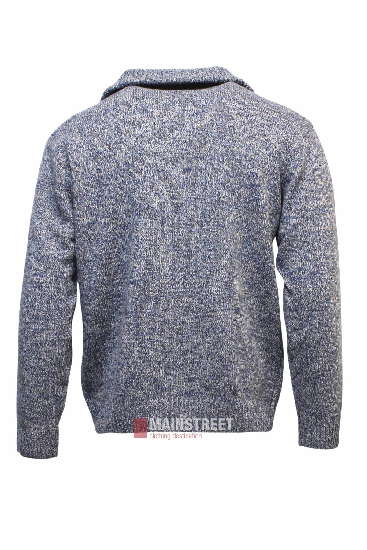 The Ansett Pure New Wool 1/2 Zip Knit sweater in blue and white speckle features long sleeves, a collar, and is shown from the back against a white background.