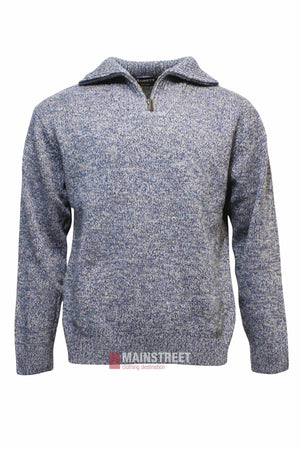 The Ansett Pure New Wool 1/2 Zip Knit is a blue and gray speckled pullover sweater with a wide collar, shown on a plain white background.