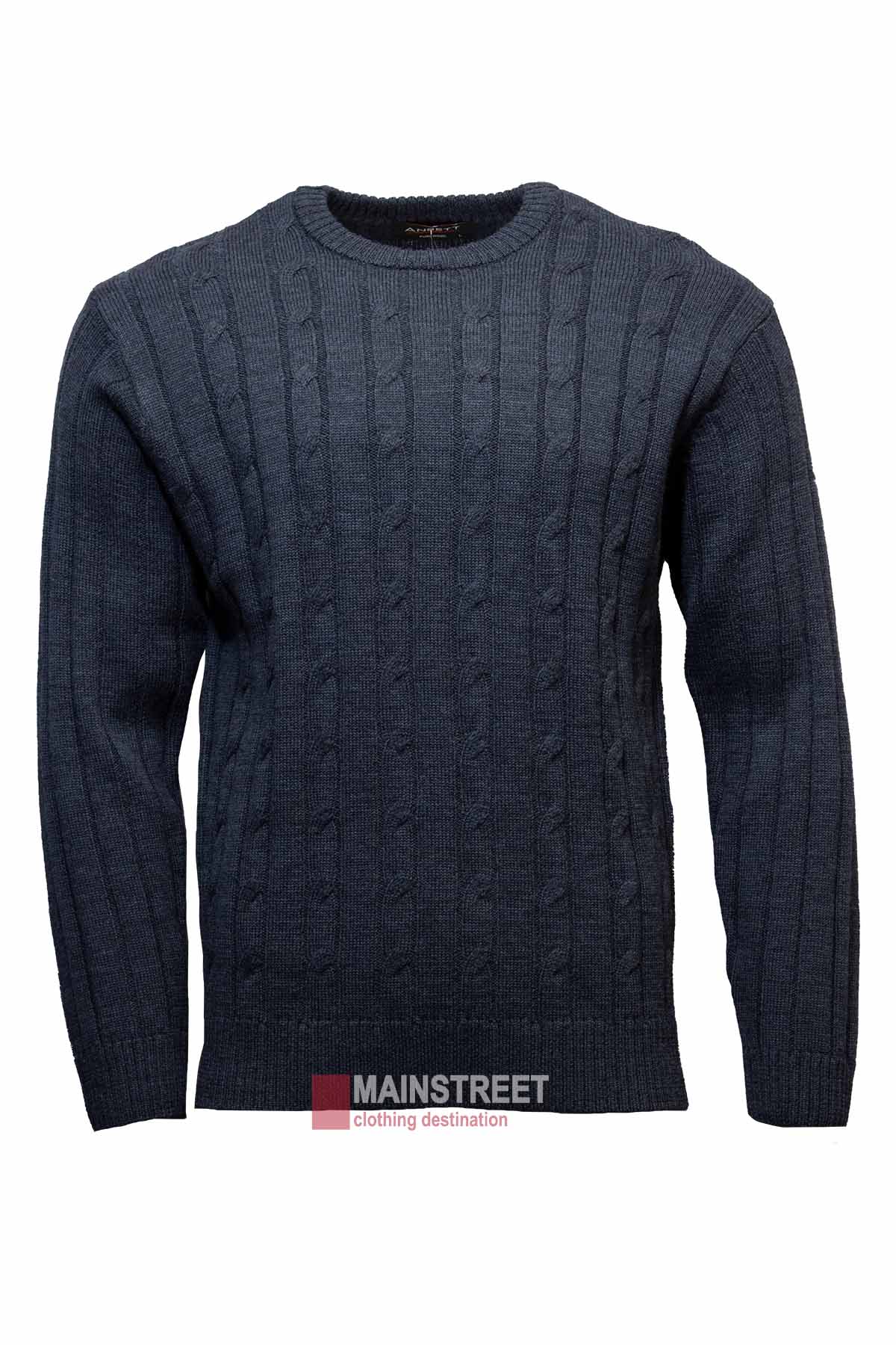 A navy blue, textured knit sweater with a round neckline, displayed on a plain white background. The "Ansett Pure Wool Cable Crew" by MAINSTREET clothing destination is featured in red and white text at the base.