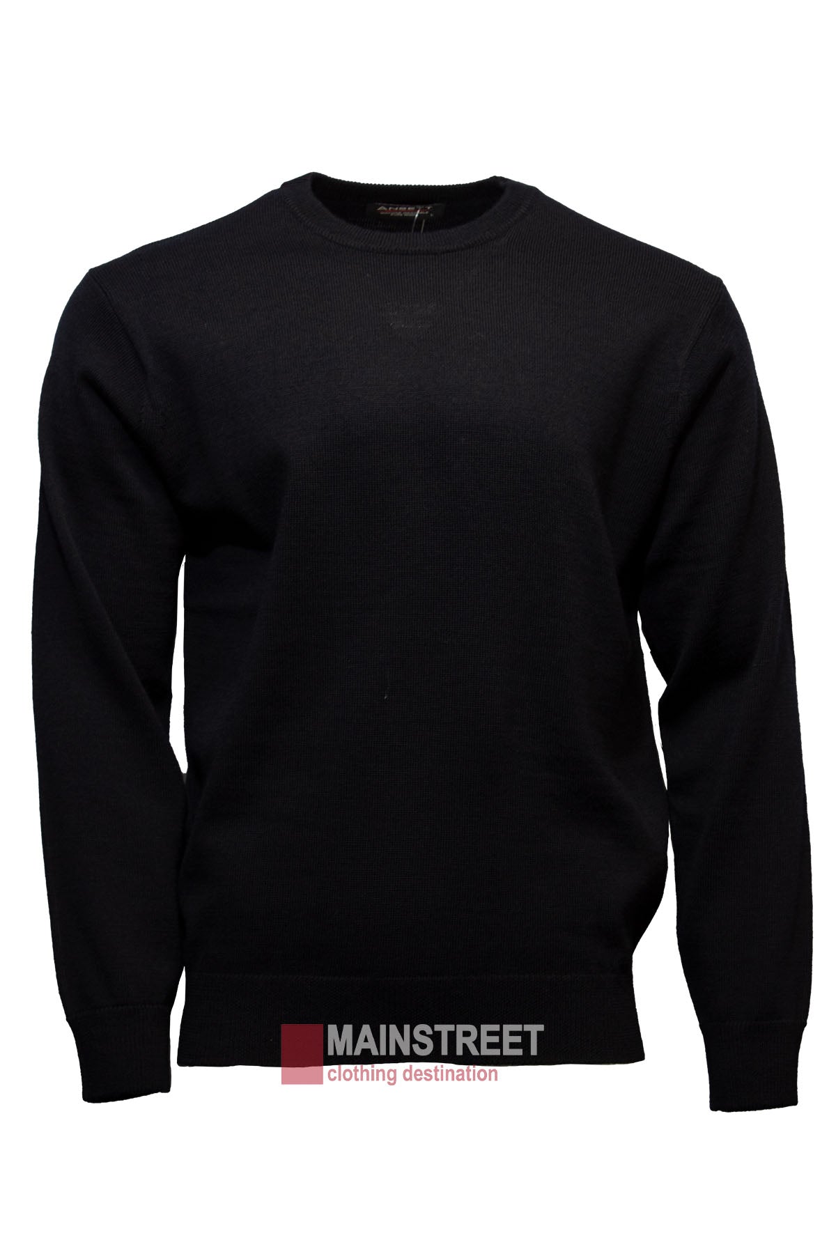 A black Ansett Superwash Wool Crew Neck Jumper with long sleeves on a plain white background. Made from 100% wool, the jumper features ribbed cuffs and hem. A watermark at the bottom reads "MAINSTREET clothing destination" in red and gray text.