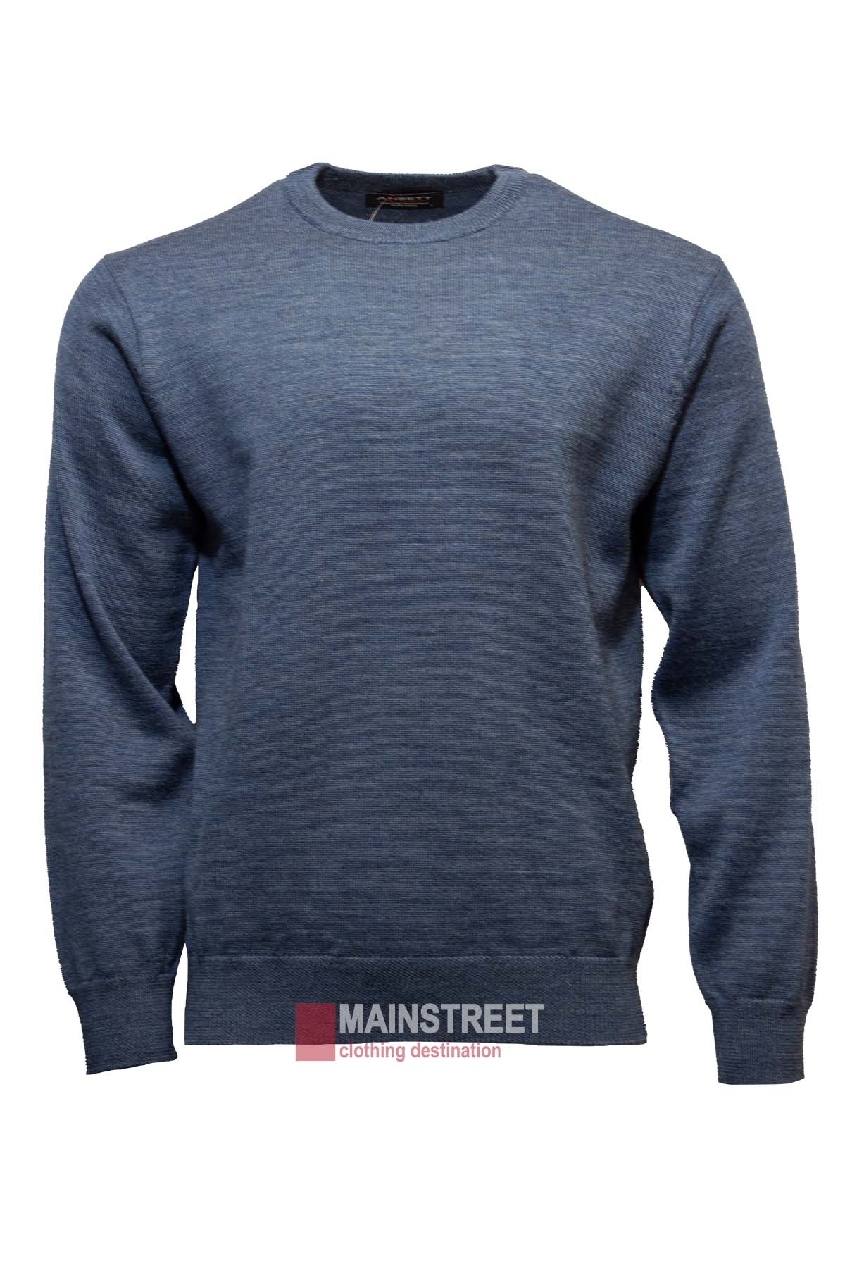 Ansett Superwash Wool Crew Neck Jumper in blue with long sleeves shown on a white background, featuring a comfortable, soft texture and a small Ansett logo near the bottom.