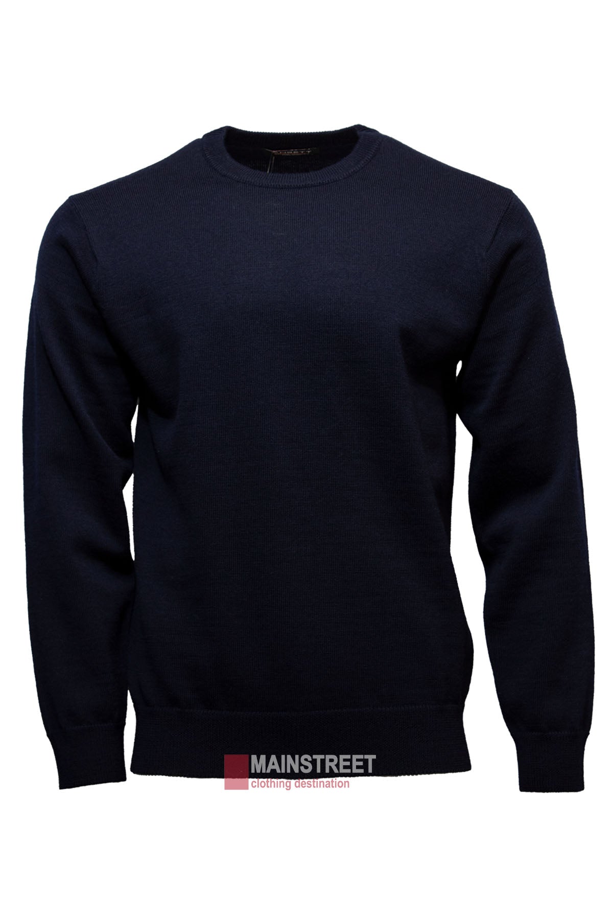 The Ansett Superwash Wool Crew Neck Jumper in plain, long-sleeve dark navy blue is shown on a white background. A "MAINSTREET clothing destination" label is visible near the bottom.