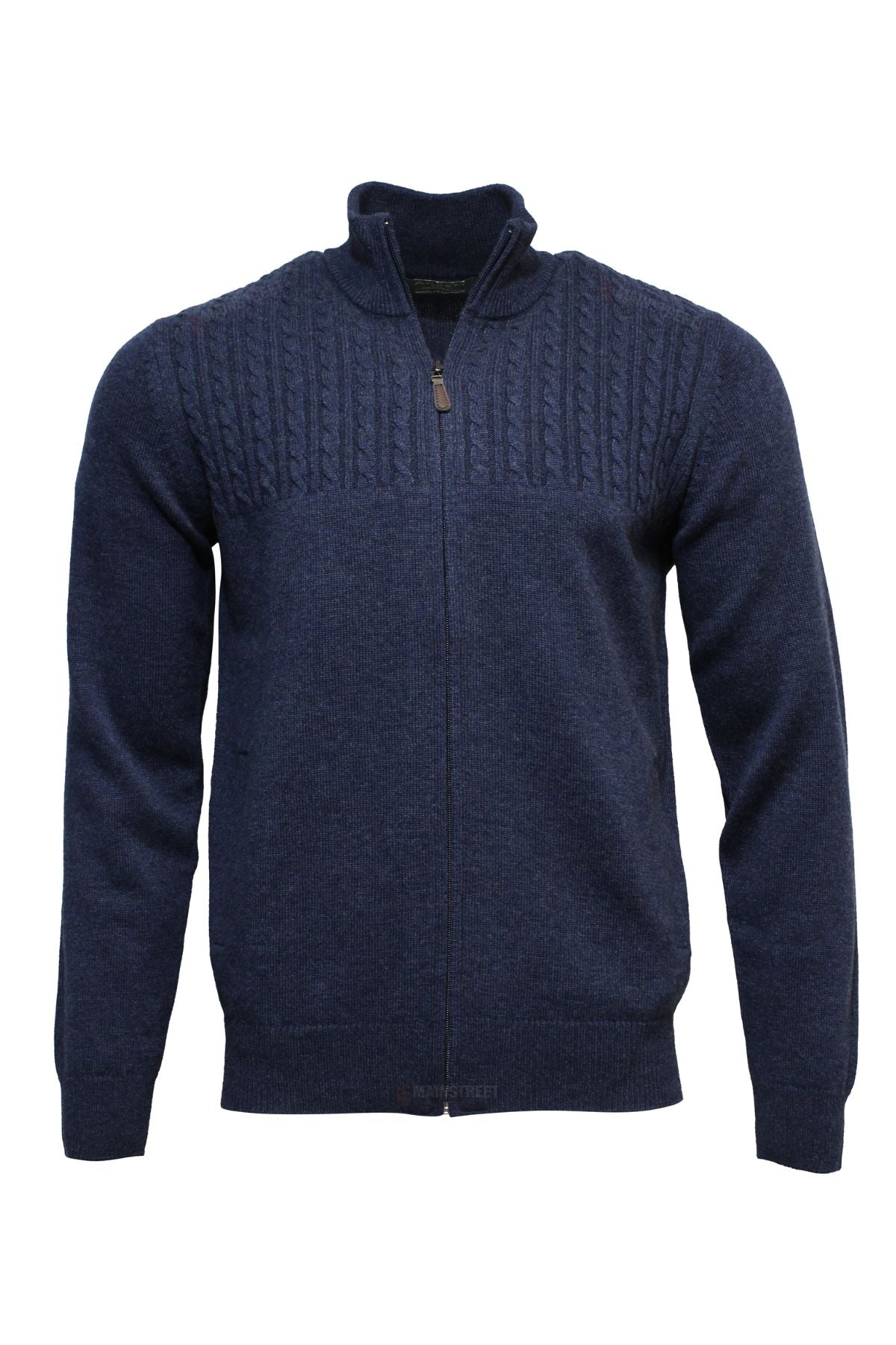The Ansett Gold Luxury Wool Cashmere Full Zip Knit is a navy zip-up sweater with a stand collar, textured cable knit on the chest and shoulders, and ribbed cuffs and hem—crafted from wool and cashmere for cozy, stylish warmth.