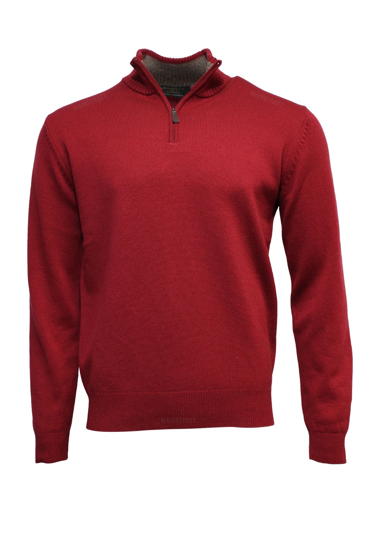 The Ansett Gold Luxury Wool Cashmere Half Zip Knit is a red long-sleeve pullover sweater with a half-zip collar, shown on a white background.