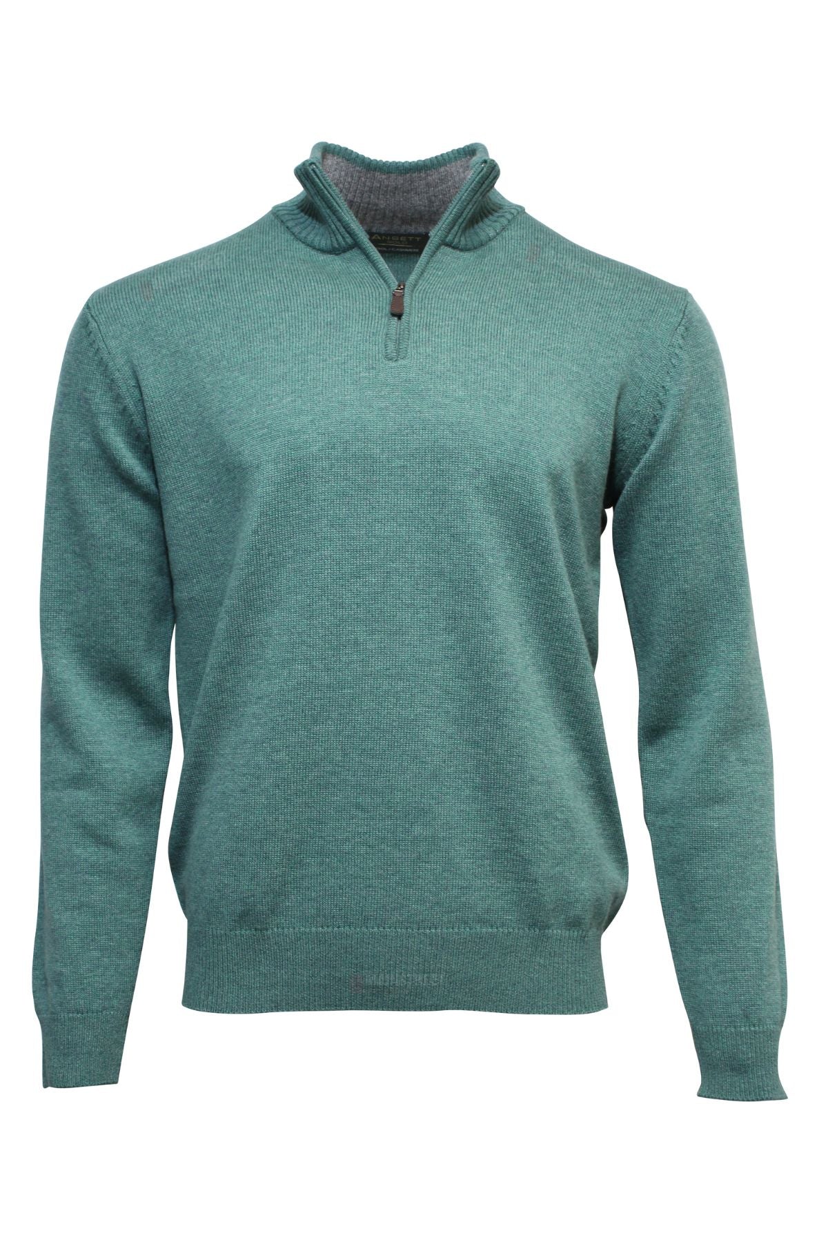 Ansett Gold Luxury Wool Cashmere Half Zip Knit in teal with long sleeves, a quarter-zip collar, and ribbed cuffs and hem, made from a luxurious knit blend. Shown on a plain white background.