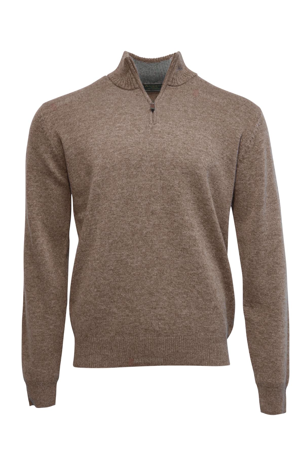 The Ansett Gold Luxury Wool Cashmere Half Zip Knit is a brown, long-sleeve pullover sweater with a half-zip collar, ribbed cuffs, and hem, shown on a plain white background. Its design is simple and classic.