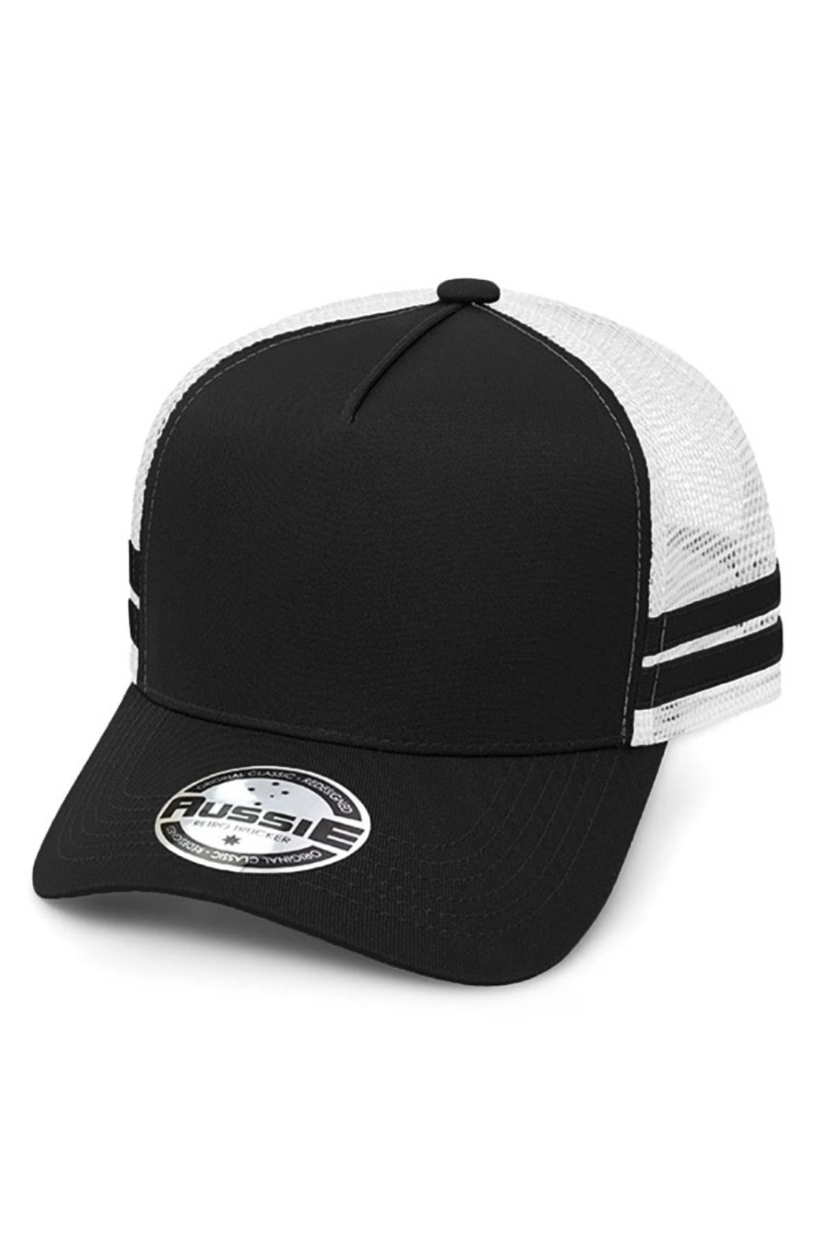 The Aussie A Frame Striped Trucker Cap features a black and white design with two black stripes per side, a curved bill, white mesh back, adjustable strap, and branded sticker on the brim.
