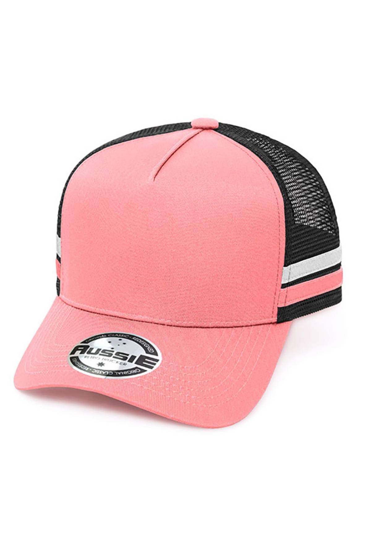 The Aussie A Frame Striped Trucker Cap features a pink front, black mesh back, white and black side stripes, an adjustable strap, and a brim sticker.