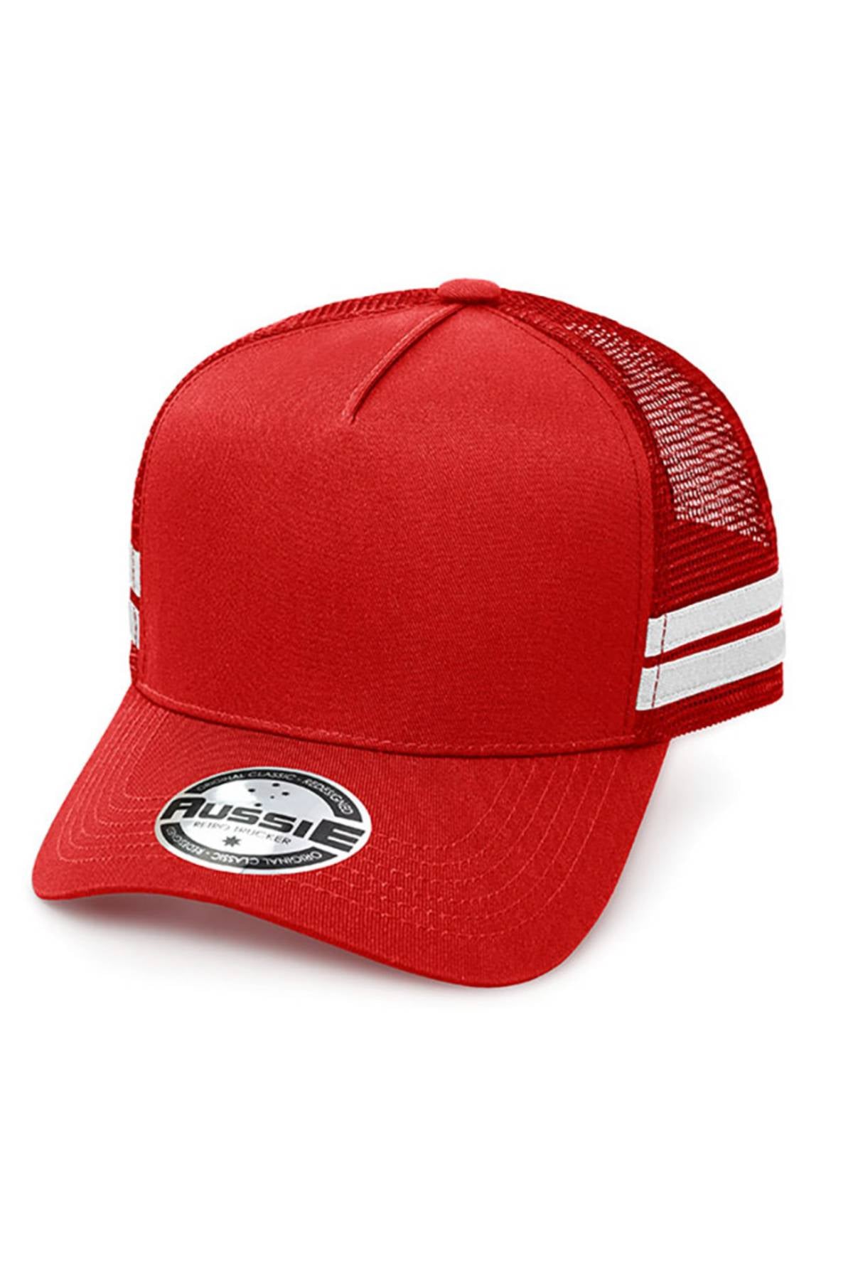 The Aussie A Frame Striped Trucker Cap is a red cap with bold side stripes, mesh back, adjustable strap for comfort, and a brim sticker with text.