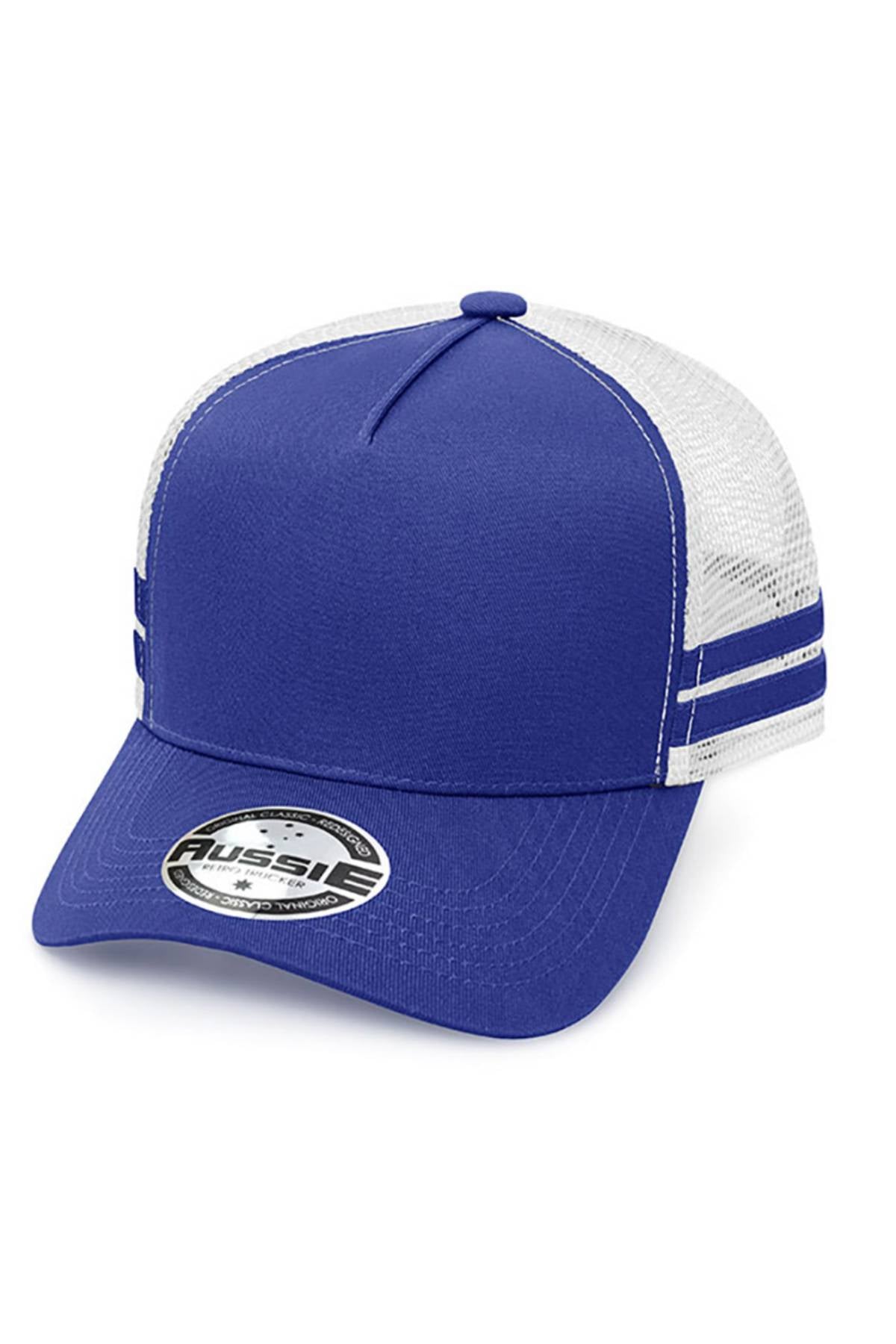 The Aussie A Frame Striped Trucker Cap features a blue front, white mesh back, side stripe detailing, a curved bill with branded sticker, and an adjustable strap for comfort.