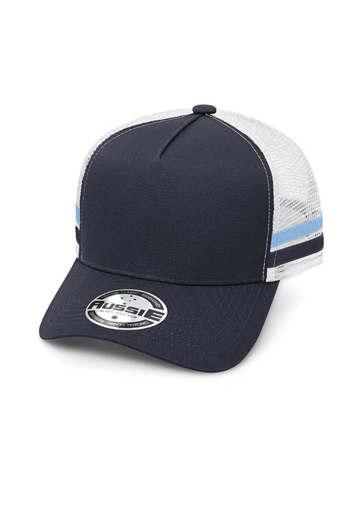 Introducing the Aussie A Frame Striped Trucker Cap: a navy blue and white cap with an adjustable strap for the perfect fit. The solid navy front panel is accented with a light blue stripe, and it features a crisp white mesh back. A circular branding sticker on the brim completes the look.