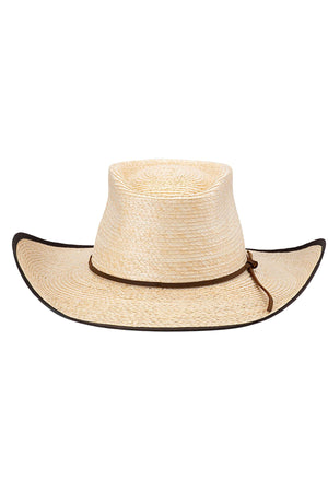The Avenel Billabong Palm Straw Bound Edge Hat is a wide-brimmed, light-colored camp drafter style with a dark brown brim trim, thin brown crown band, and offers UPF50+ sun protection.