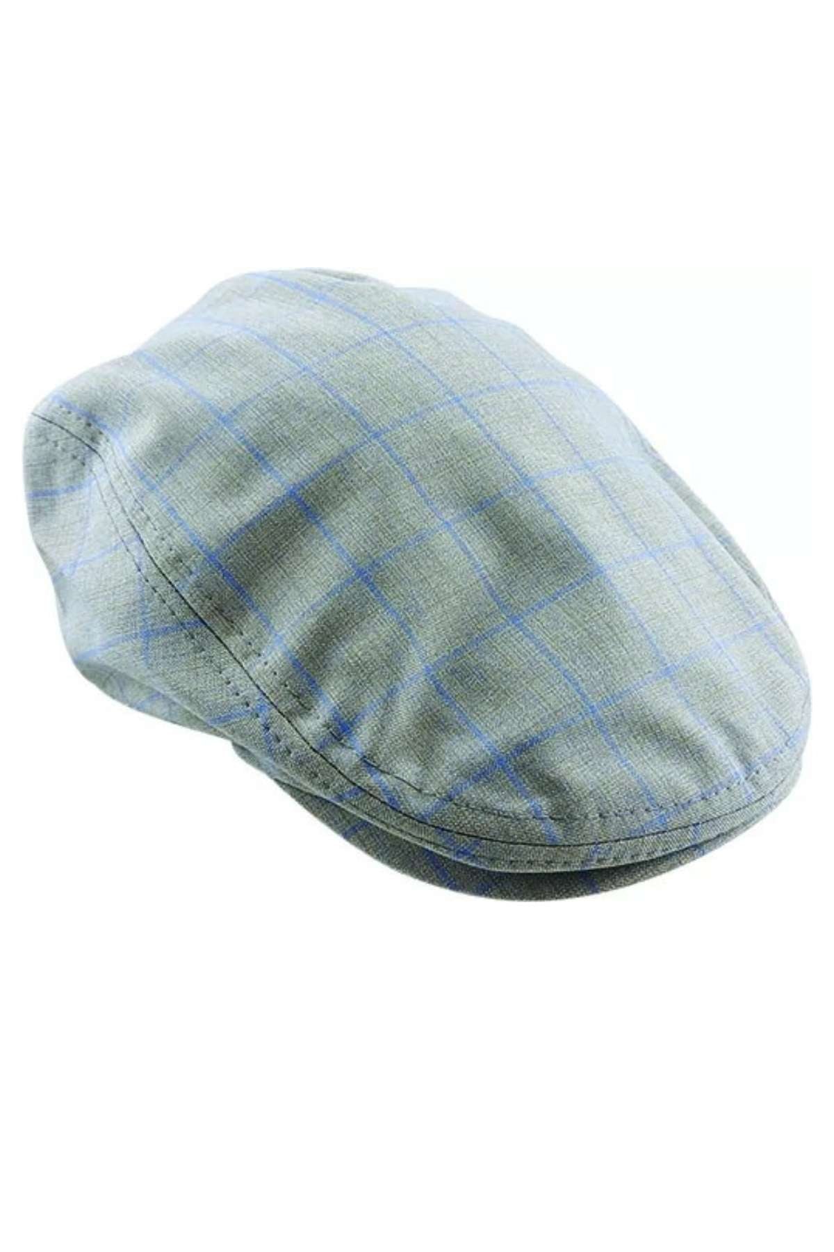 The Avenel Check Summer Ivy Cap in light blue boasts a subtle blue grid pattern. This stylish summer hat features a curved brim, stitched panel design, and offers the comfortable feel of an ivy cap, complete with a duck print cotton lining.