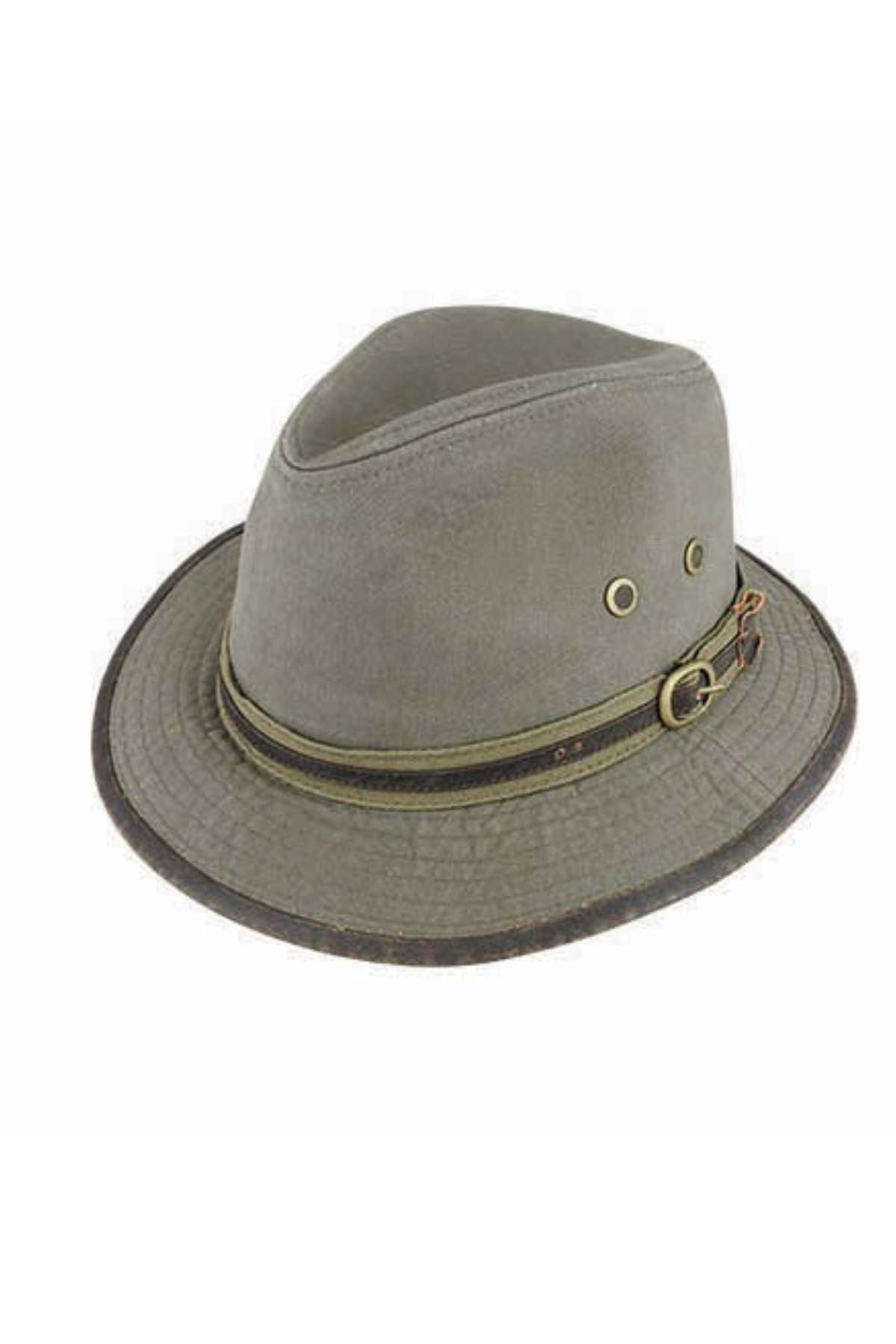Introducing the Scala Distressed Washed Twill Southport: a green fedora featuring a weathered cotton band with a decorative buckle. This stylish hat has a slightly tilted crown, a narrow brim, and vent holes on the sides for enhanced breathability. Its rugged, outdoorsy look makes it ideal for adventure enthusiasts.
