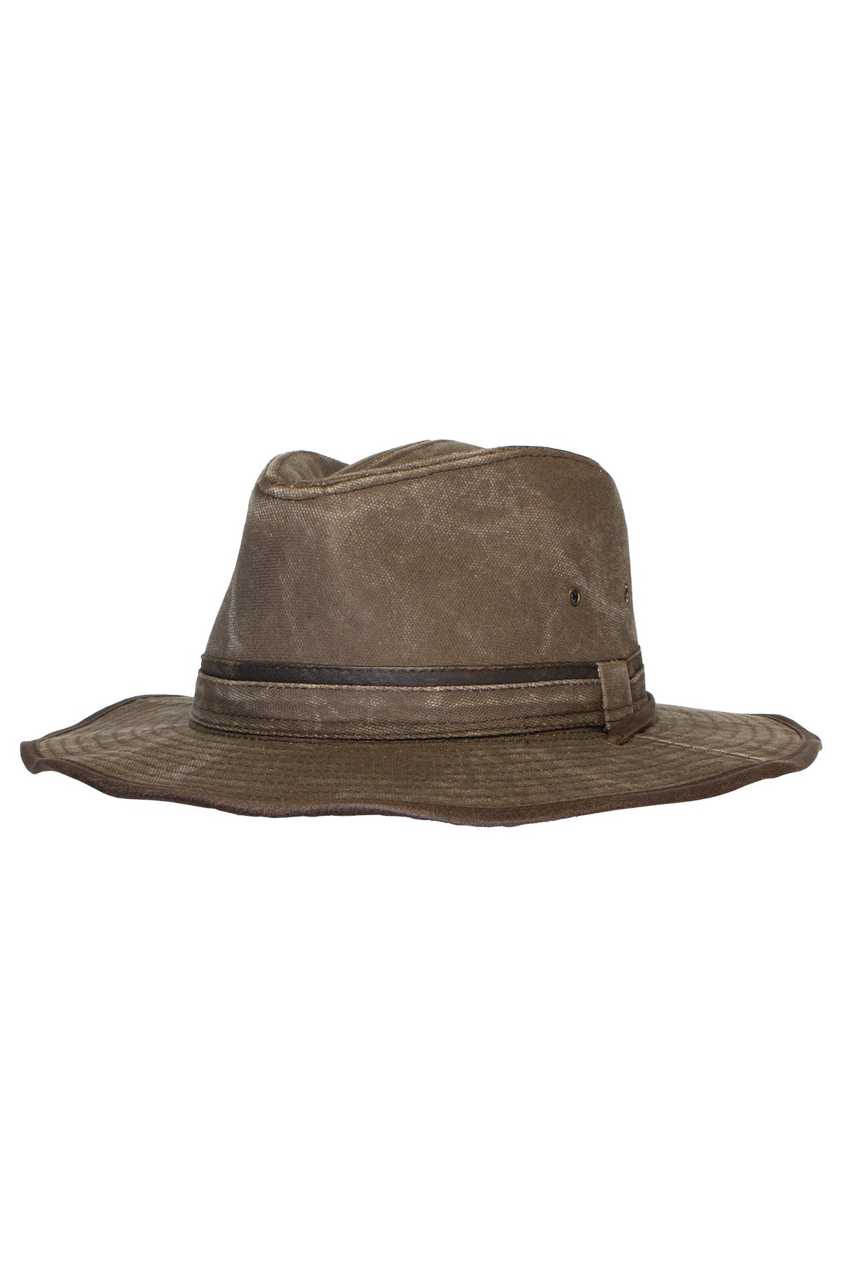 The Avenel Pasadena Heavy Washed Cotton Drover Hat is a brown, wide-brimmed cotton hat with a creased crown and dark band, designed for outdoor adventures and reliable UV protection, shown from the side.