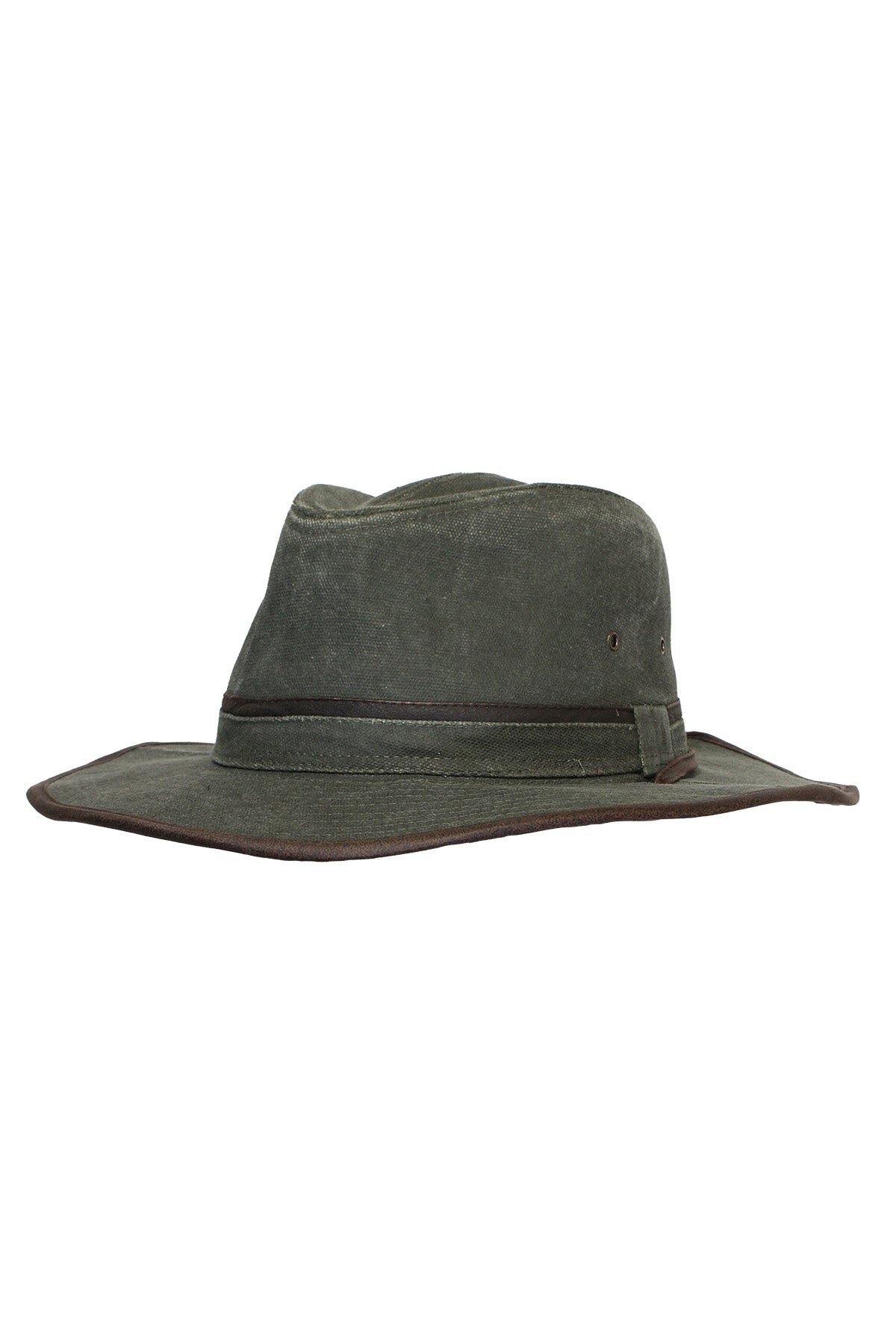 The Avenel Pasadena Heavy Washed Cotton Drover Hat features a wide brim for UV protection, a dark brown band above the brim, side ventilation holes, and is perfect for outdoor adventures.