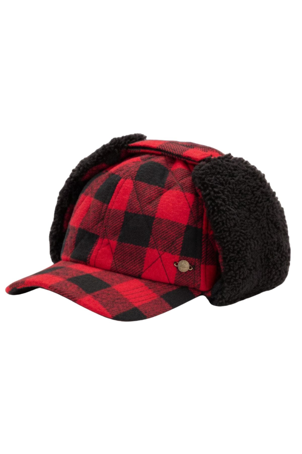 The Avenel Willie Flannelette Thinsulate Tractor Cap is a red and black plaid winter cap with a curved brim and black sherpa-lined ear flaps, designed for warmth and outdoor wear.