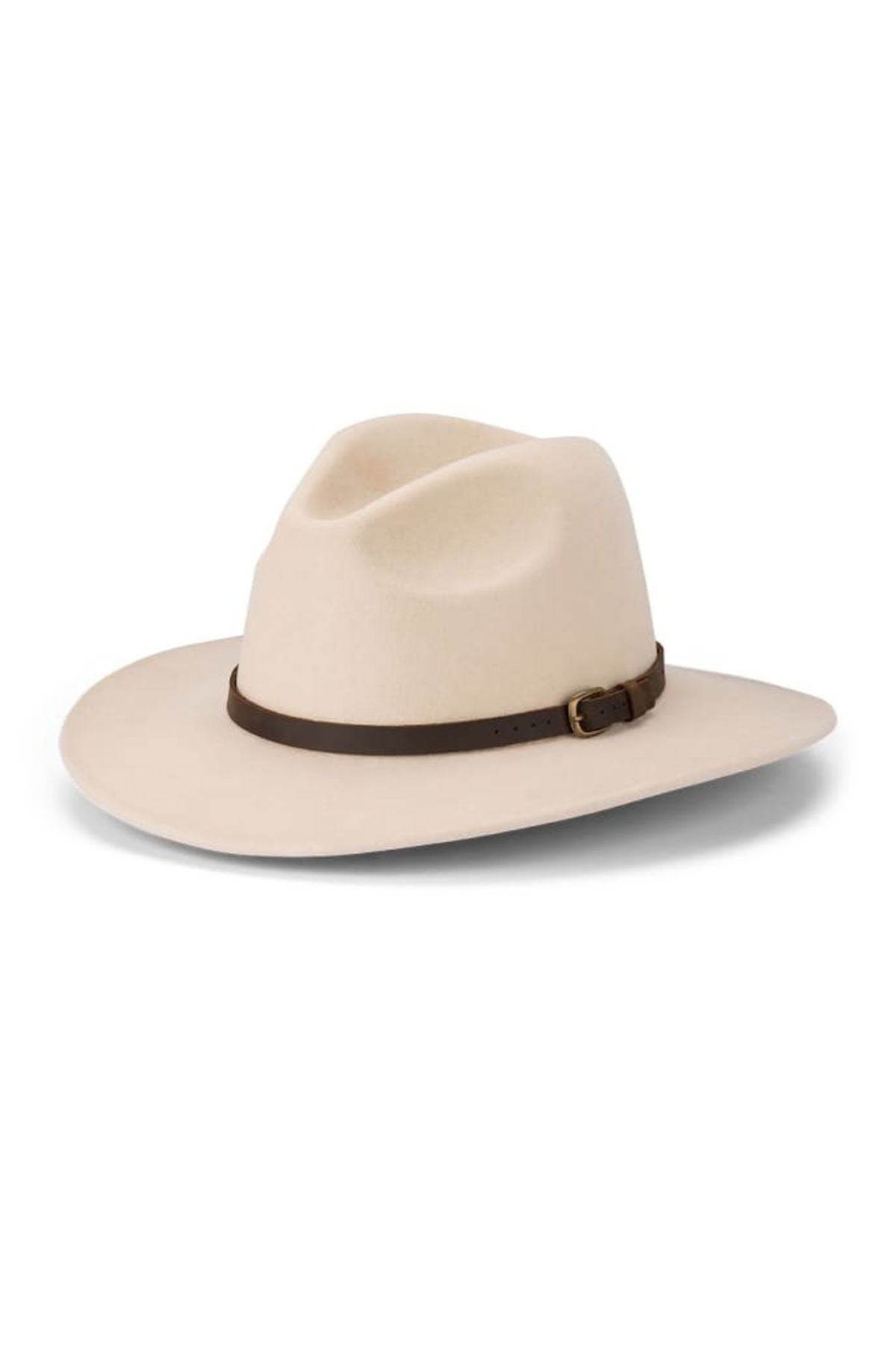 The Avenel The Deer Hunter Super Fine Cashmere Fedora is a cream-colored cashmere wool hat with a dented crown and a dark brown leather band featuring an antique bronze buckle.