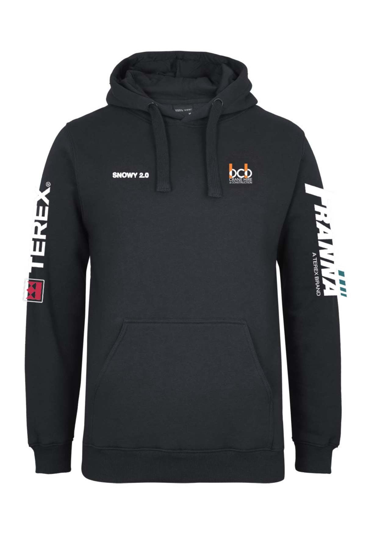 The BCB Crane Hire Hoodie is a black fleece with front pocket and hood, featuring "bcb" and "SNOWY 2.0" logos on the chest, "TEREX" on the right sleeve, and "TRAKKA" on the left. Pre-order now—ideal for crane hire crews.