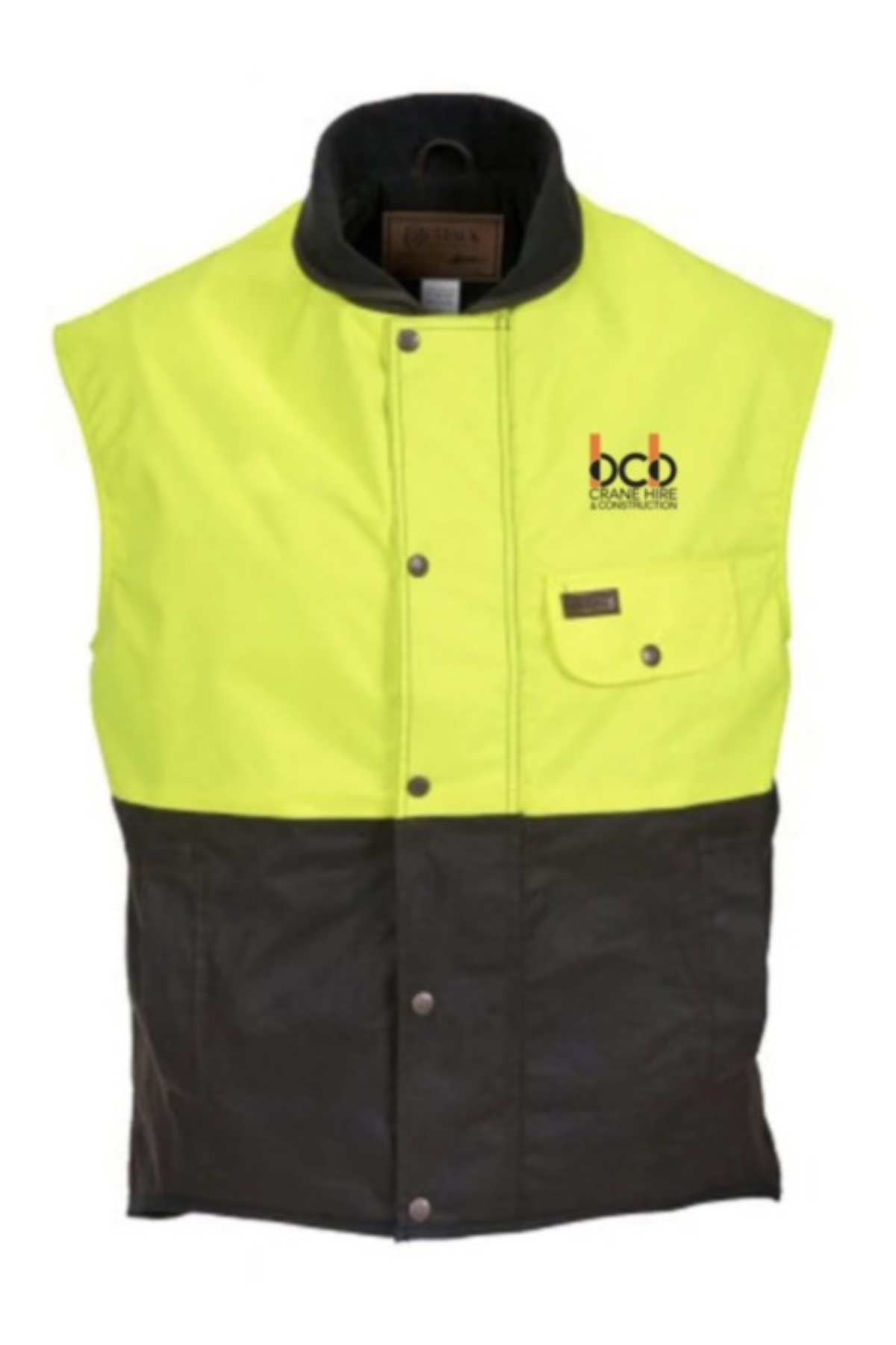The BCB Crane Hire Hi Vis Oilskin Vest features a sleeveless design with yellow upper and black lower sections, button-up front, chest pocket, and "bcb" logo. Waterproof and breathable, it meets AS/NZS 4602.1 safety standards.