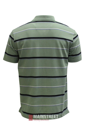 Back view of a sage green Blue Horizon Stripe Polo Shirt with a chest pocket and horizontal black, white, and gray stripes.