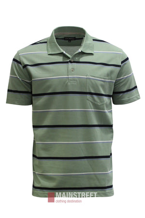 Sage green short-sleeved Blue Horizon Stripe Polo Shirt featuring a two-button placket and a chest pocket.