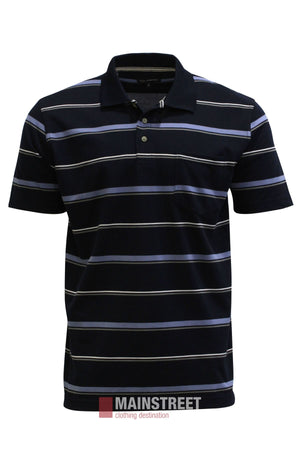 Blue Horizon Stripe Polo Shirt in navy blue with thin horizontal light blue, white, and gray stripes, a button placket, and a chest pocket.