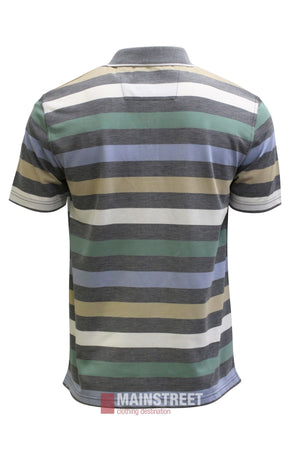 Back view of a Blue Horizon Stripe Polo Shirt featuring horizontal bands of green, blue, tan, white, and grey on a short-sleeved design.