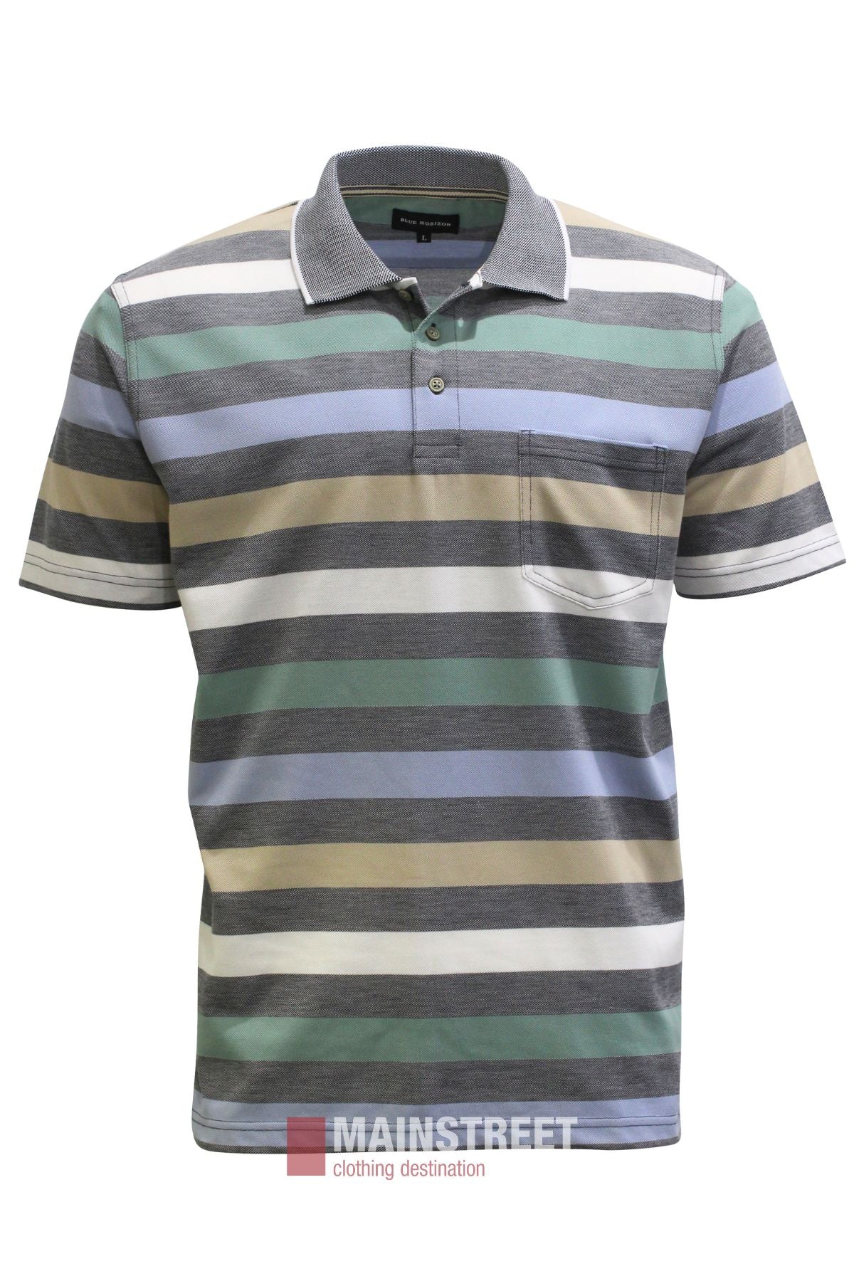 Blue Horizon Stripe Polo shirt with short sleeves and a single chest pocket.