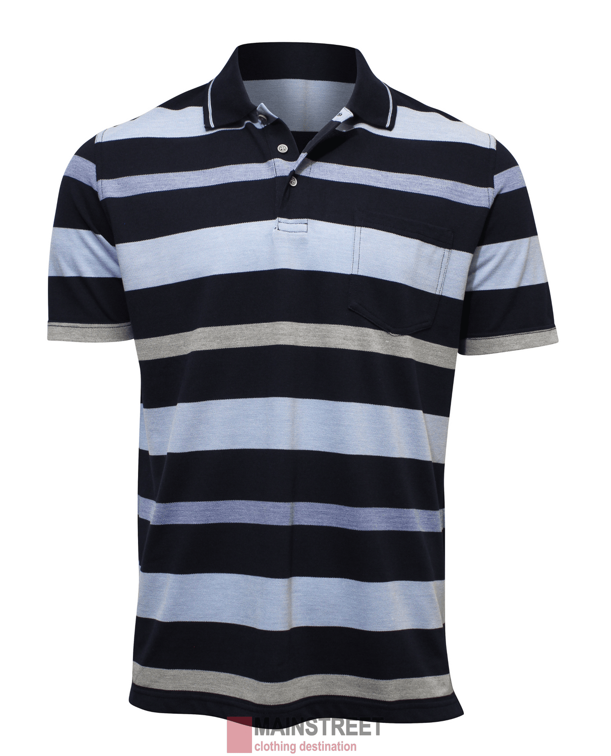 The Blue Horizon Pique Striped Polo features a refined stripe design in navy, light blue, and gray on a plain white background. Made from a soft polyester/cotton blend, it has a left chest pocket and a collared button placket.