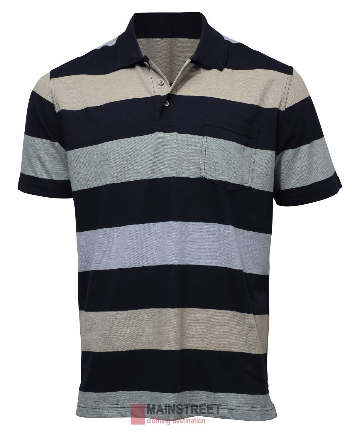 The Blue Horizon Pique Striped Polo features short sleeves, wide navy, beige, and light gray stripes, a collar, partial button placket, left chest pocket, and is made from a comfortable polyester/cotton blend.
