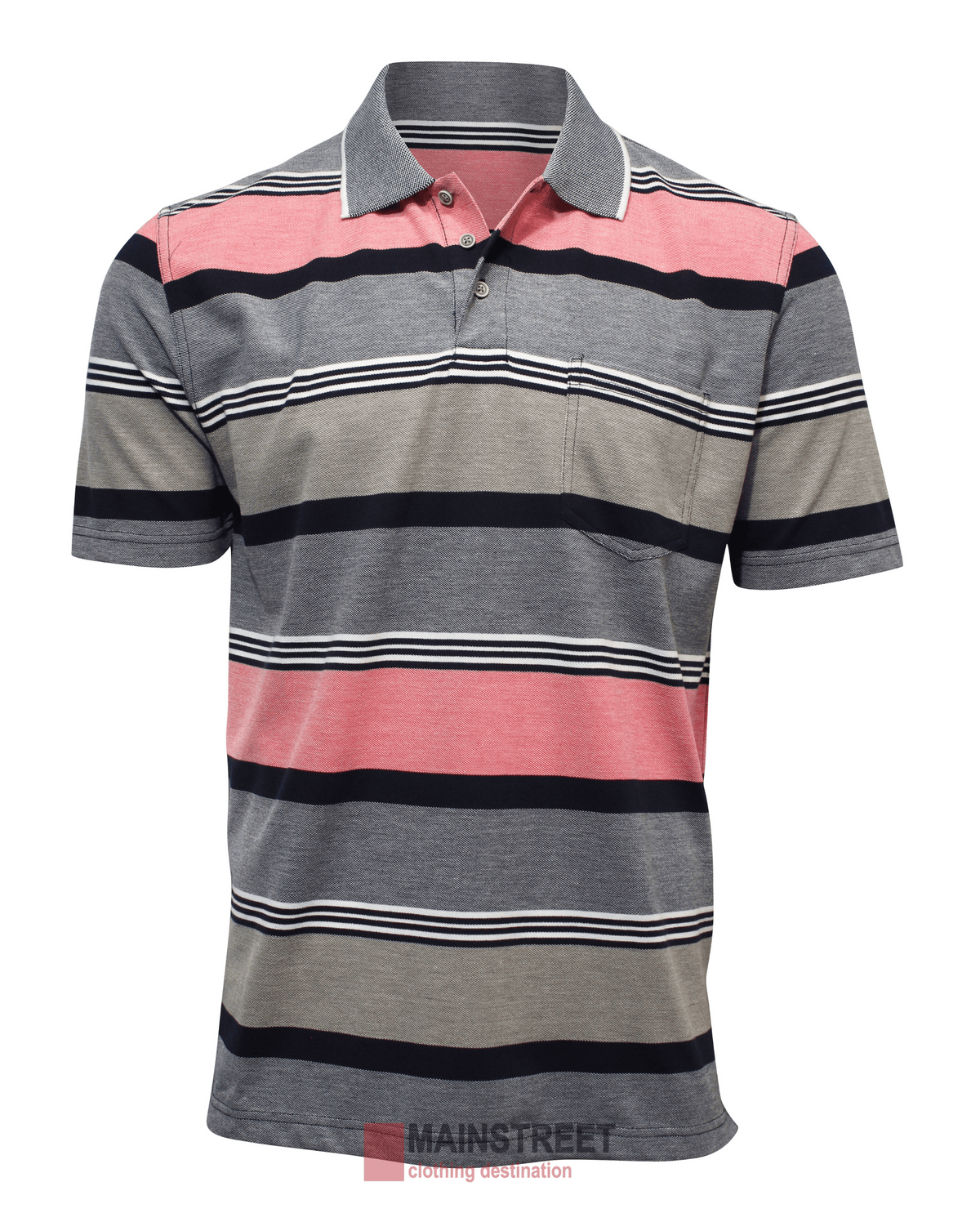 The Blue Horizon Pique Striped Polo is a short-sleeve shirt with stylish pink, gray, white, and black stripes. Made from a comfy polyester/cotton blend, it features a collar, partial button-down front, and left chest pocket on a plain white background.