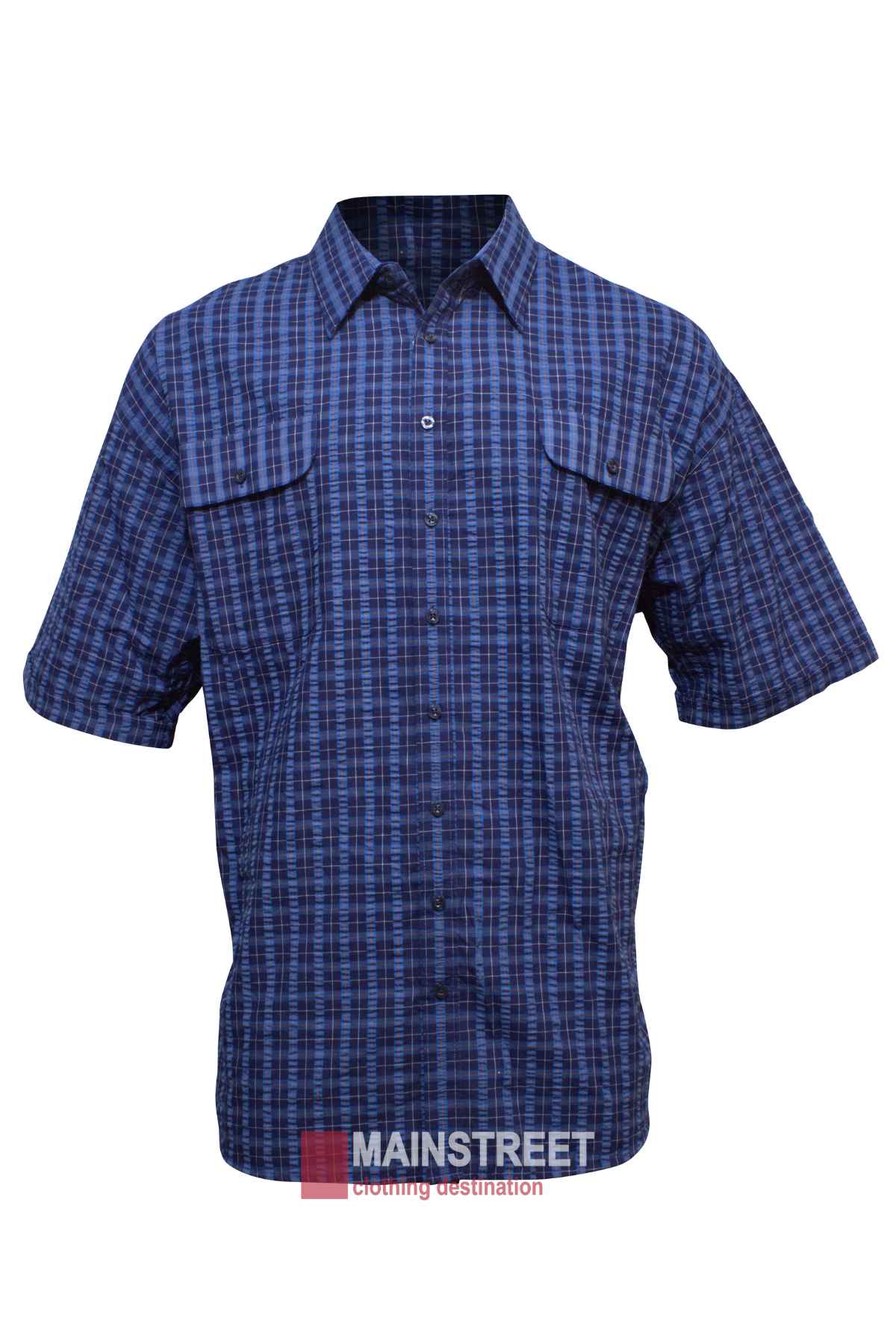 The Bisley Countryman Seersucker Short Sleeve Shirt in blue/black check has two chest pockets and is shown on an invisible mannequin, with the "MAINSTREET clothing destination" logo at the bottom.