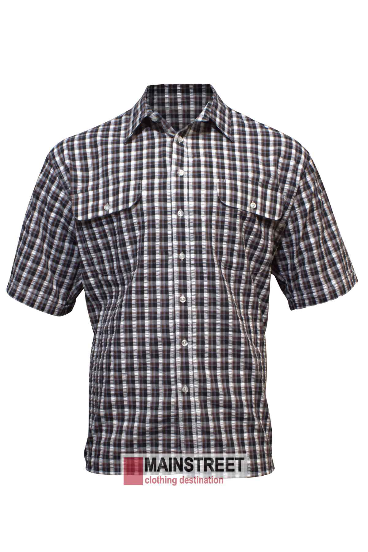 The Bisley Countryman Seersucker Short Sleeve Shirt is a button-up top with a black, white, and red plaid pattern. Made from a durable polyester/cotton blend, it features two chest pockets with button flaps for added utility.